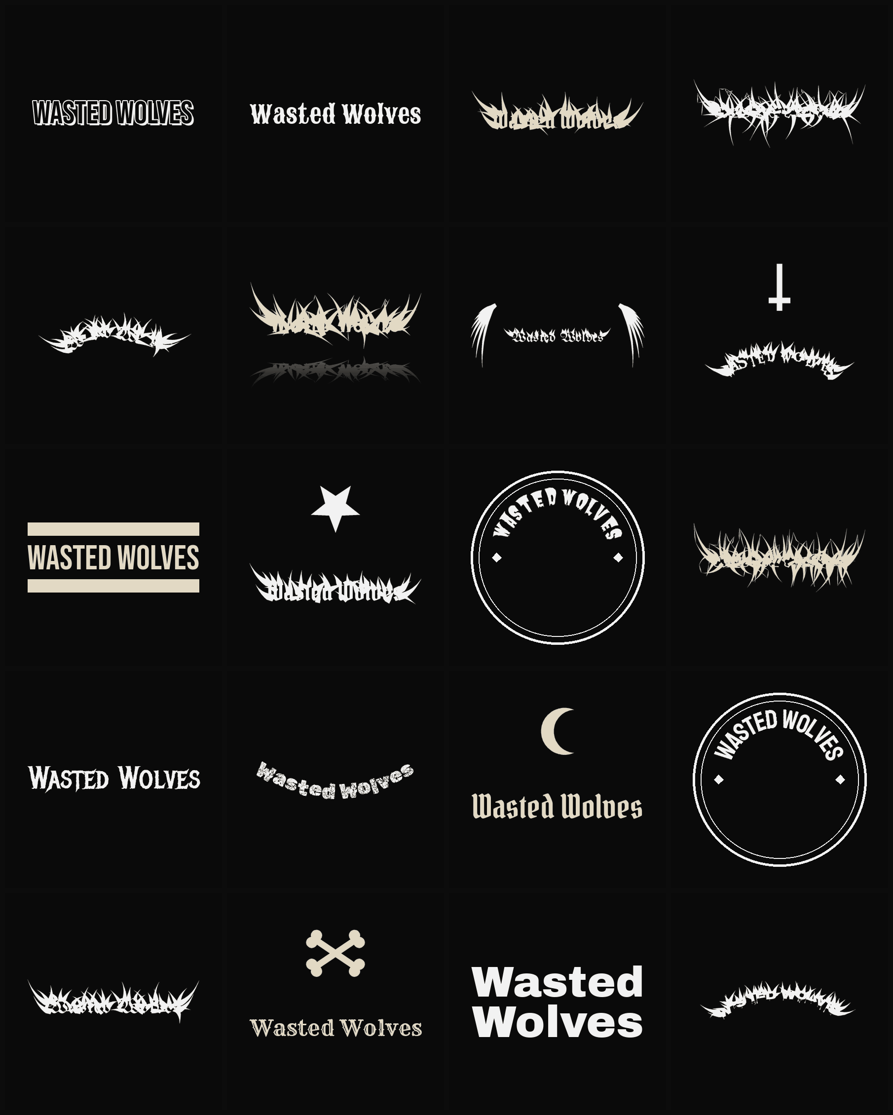 Twenty Wasted Wolves band logo ideas — different faces, treatments and spike settings