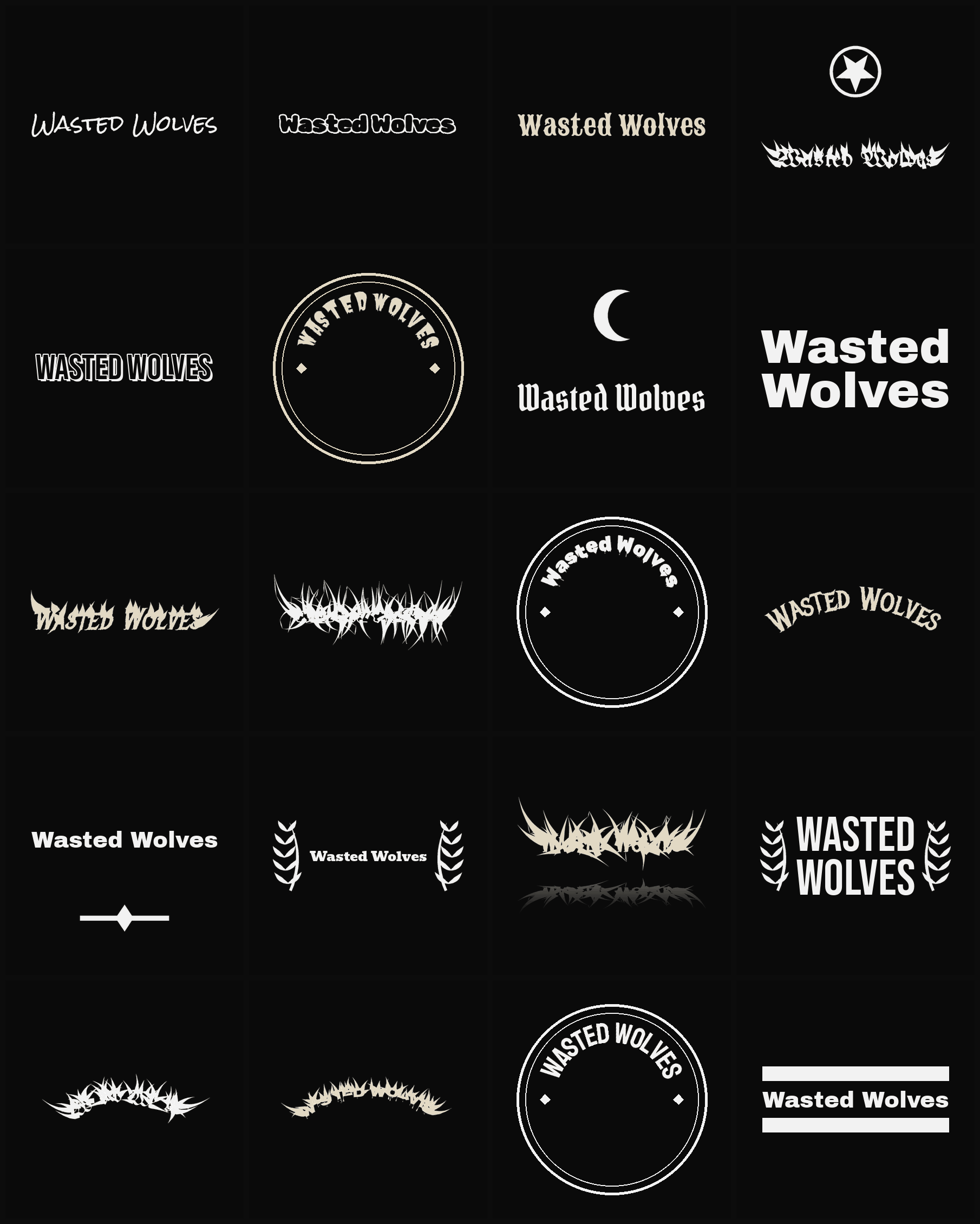 Twenty Wasted Wolves band logo ideas — different faces, treatments and spike settings
