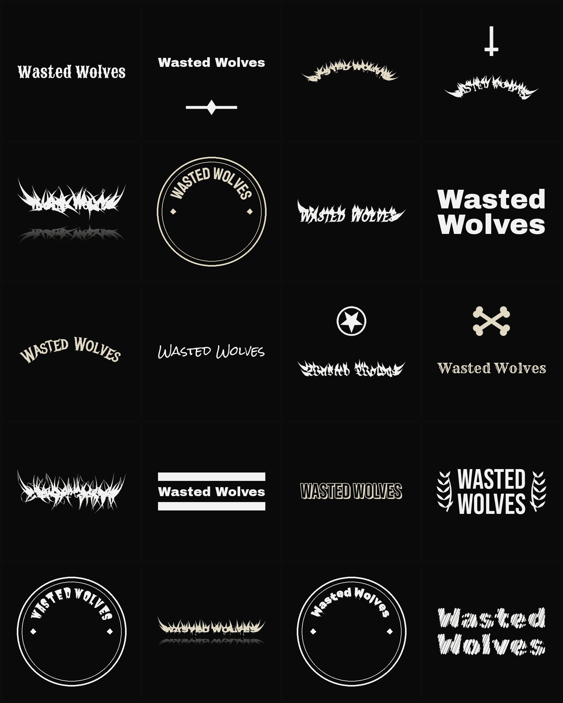 Twenty Wasted Wolves band logo ideas — different faces, treatments and spike settings