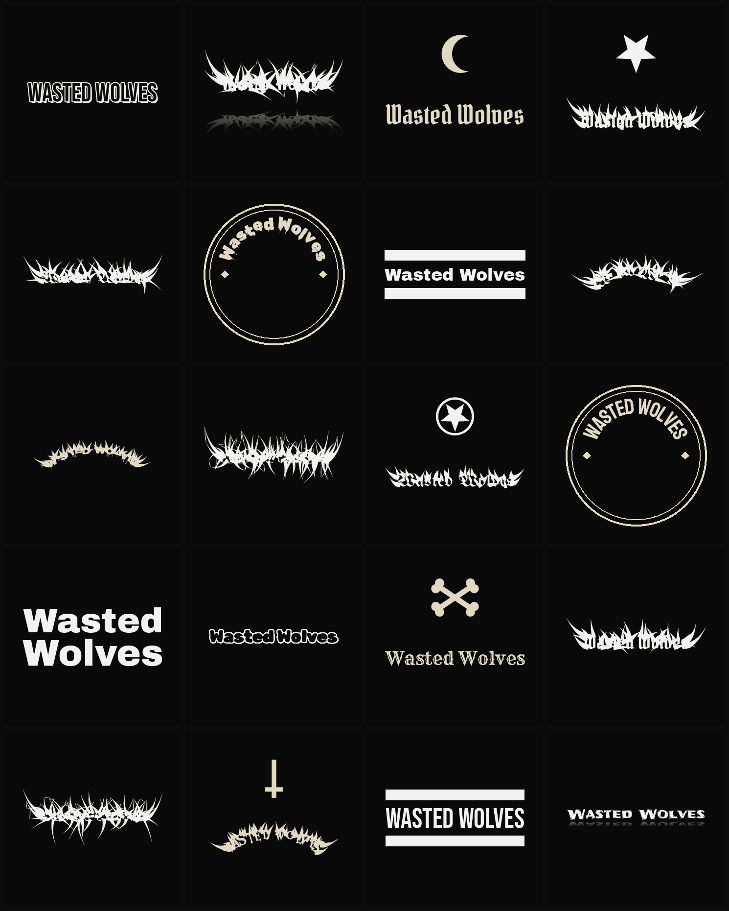 Twenty Wasted Wolves band logo ideas — different faces, treatments and spike settings