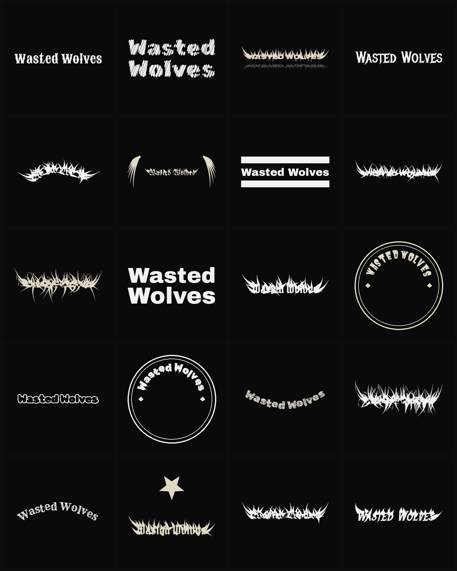 Twenty Wasted Wolves band logo ideas — different faces, treatments and spike settings