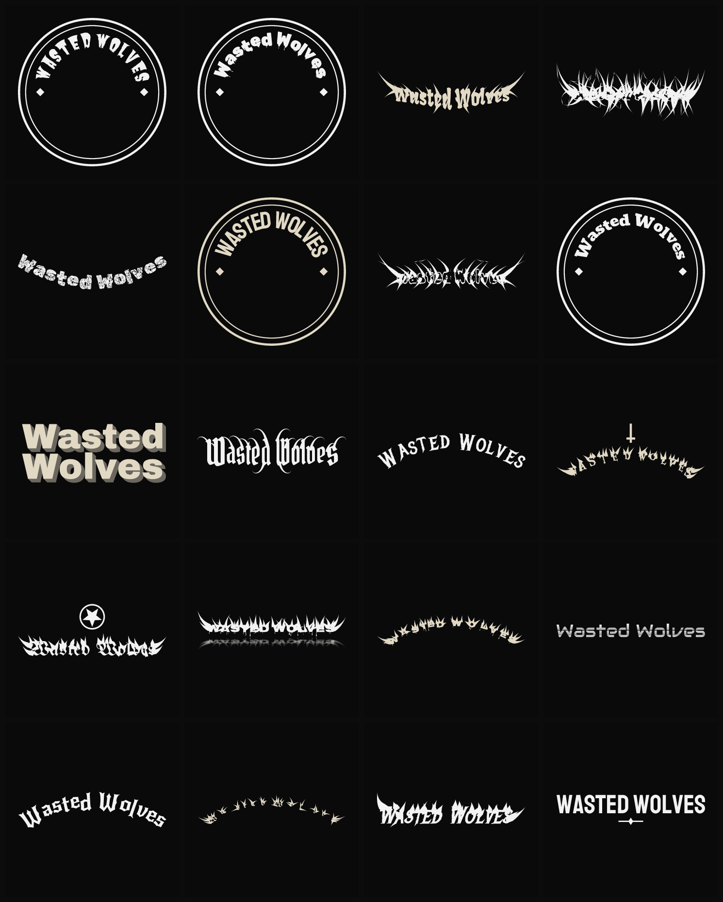 Twenty Wasted Wolves band logo ideas — different faces, treatments and spike settings