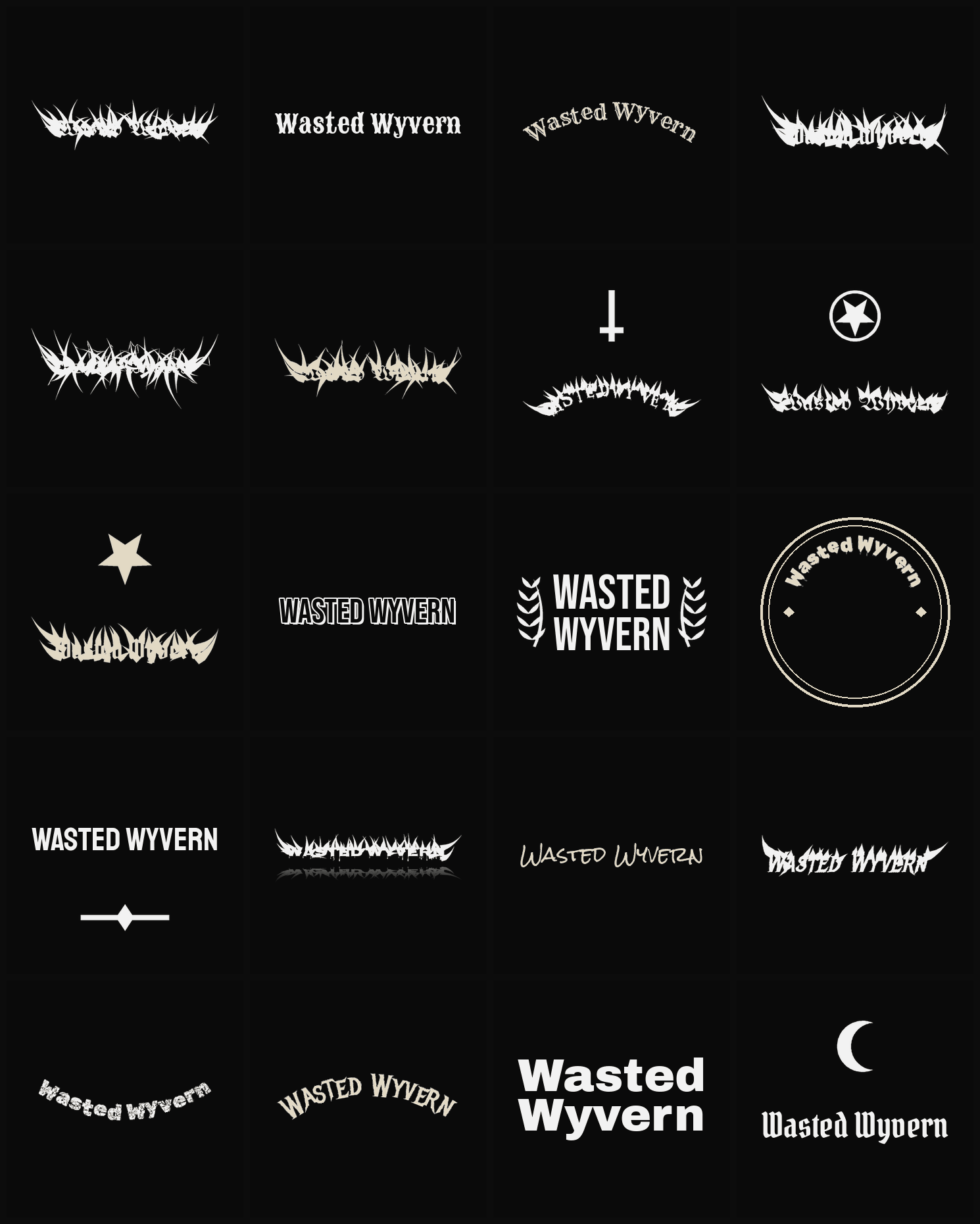 Twenty Wasted Wyvern band logo ideas — different faces, treatments and spike settings