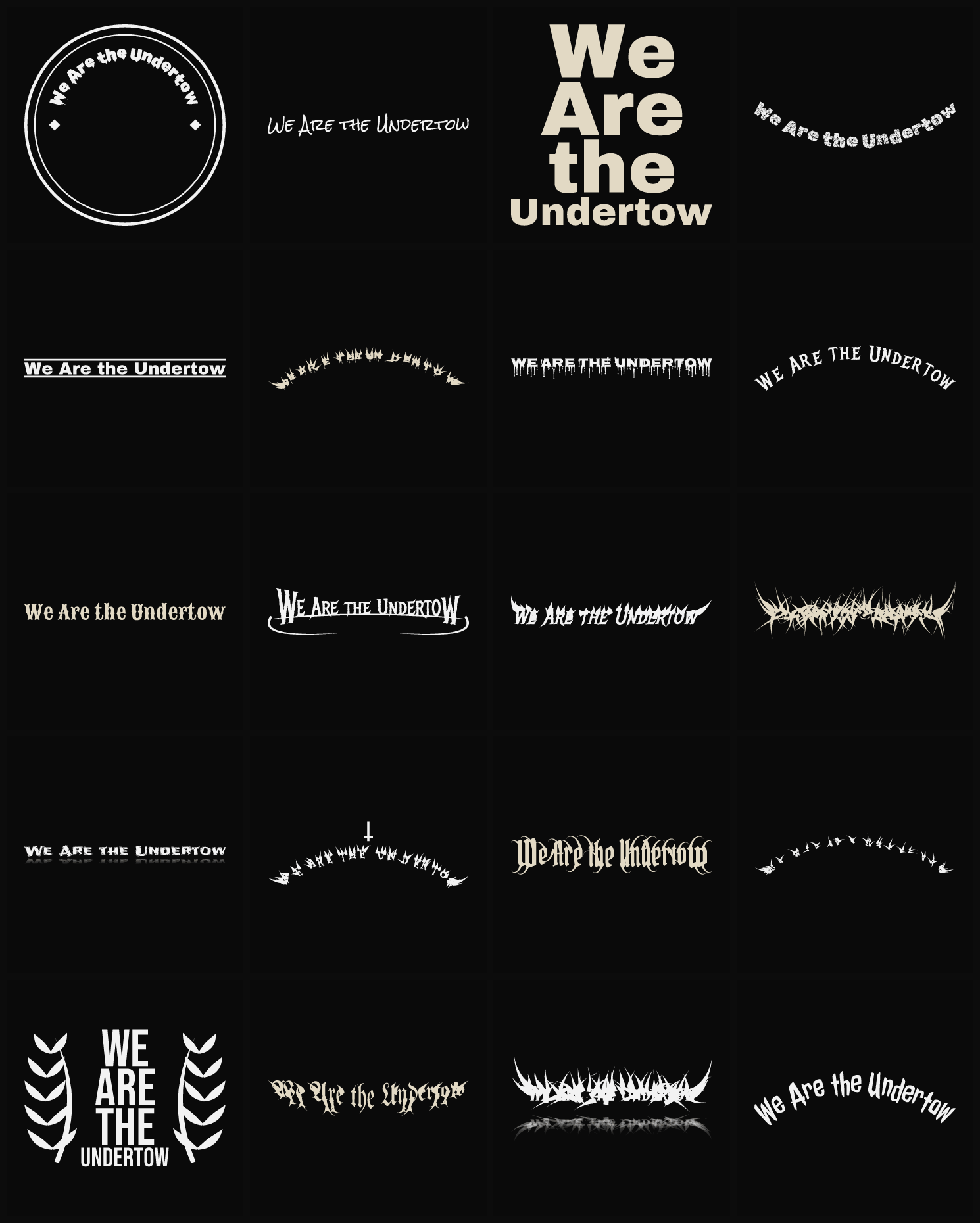 Twenty We Are the Undertow band logo ideas — different faces, treatments and spike settings