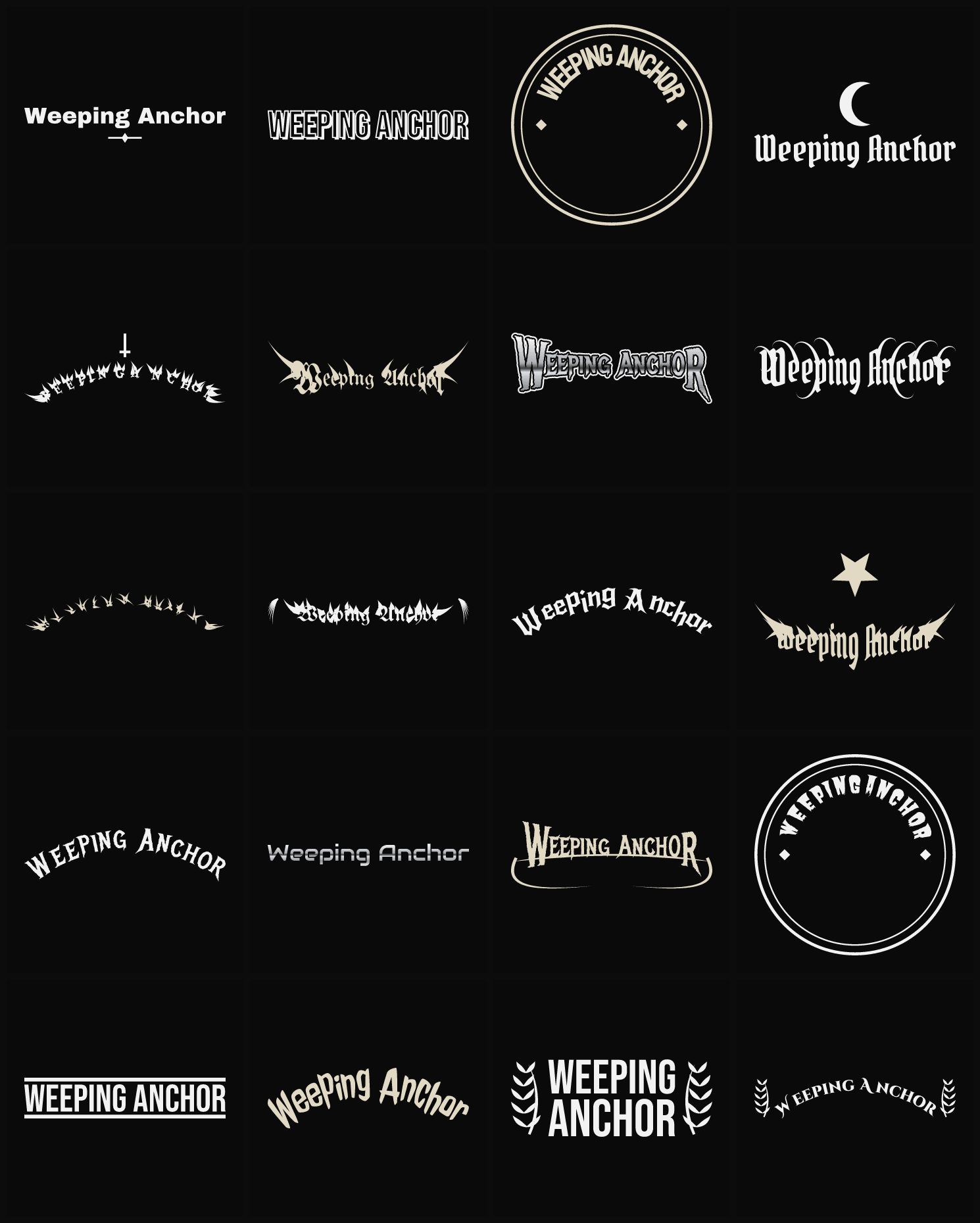 Twenty Weeping Anchor band logo ideas — different faces, treatments and spike settings