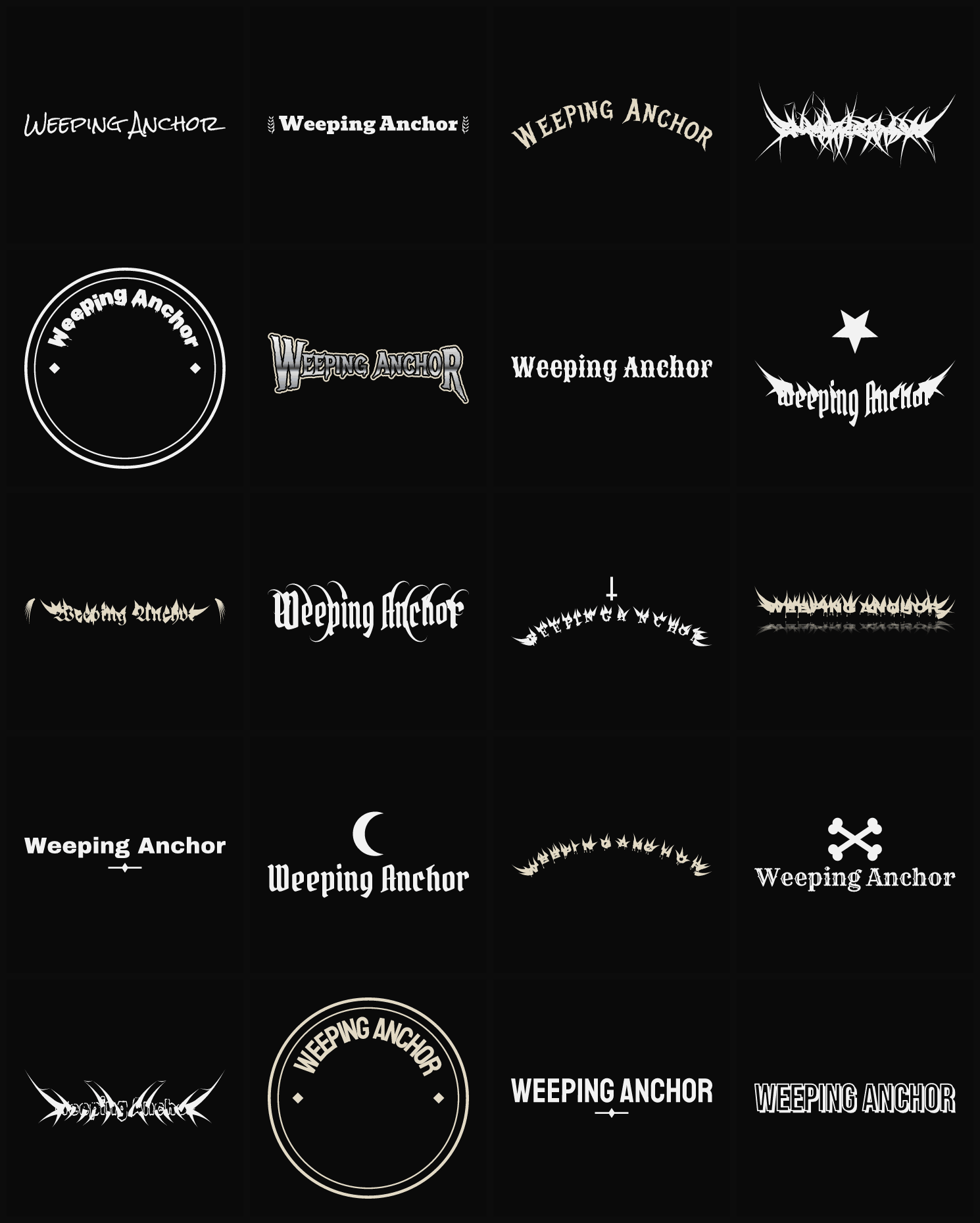 Twenty Weeping Anchor band logo ideas — different faces, treatments and spike settings