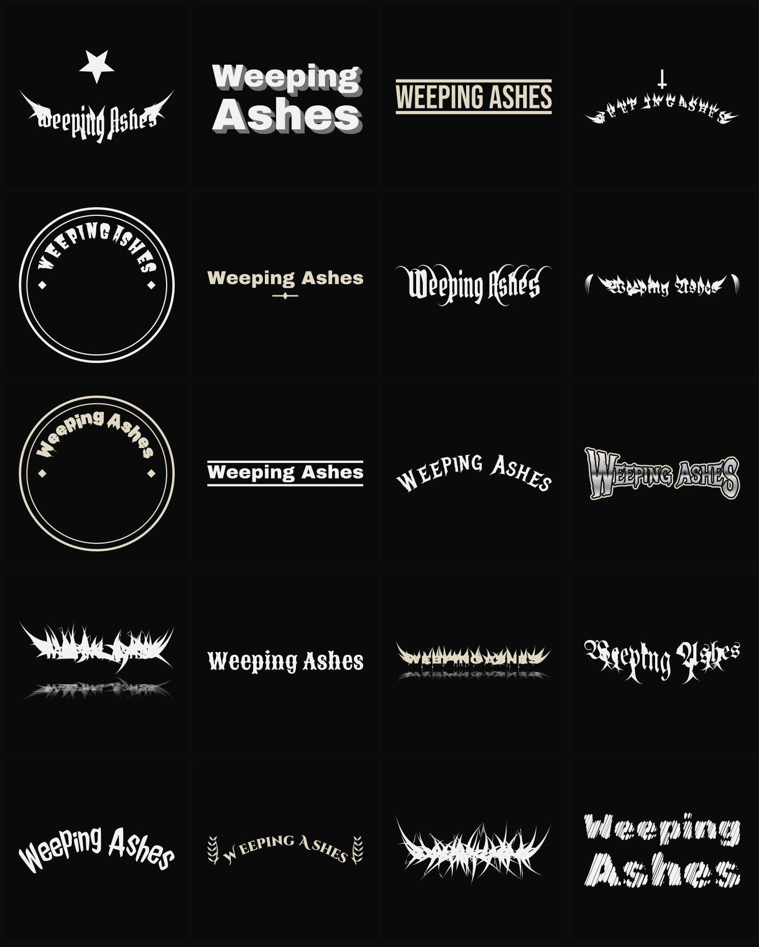 Twenty Weeping Ashes band logo ideas — different faces, treatments and spike settings