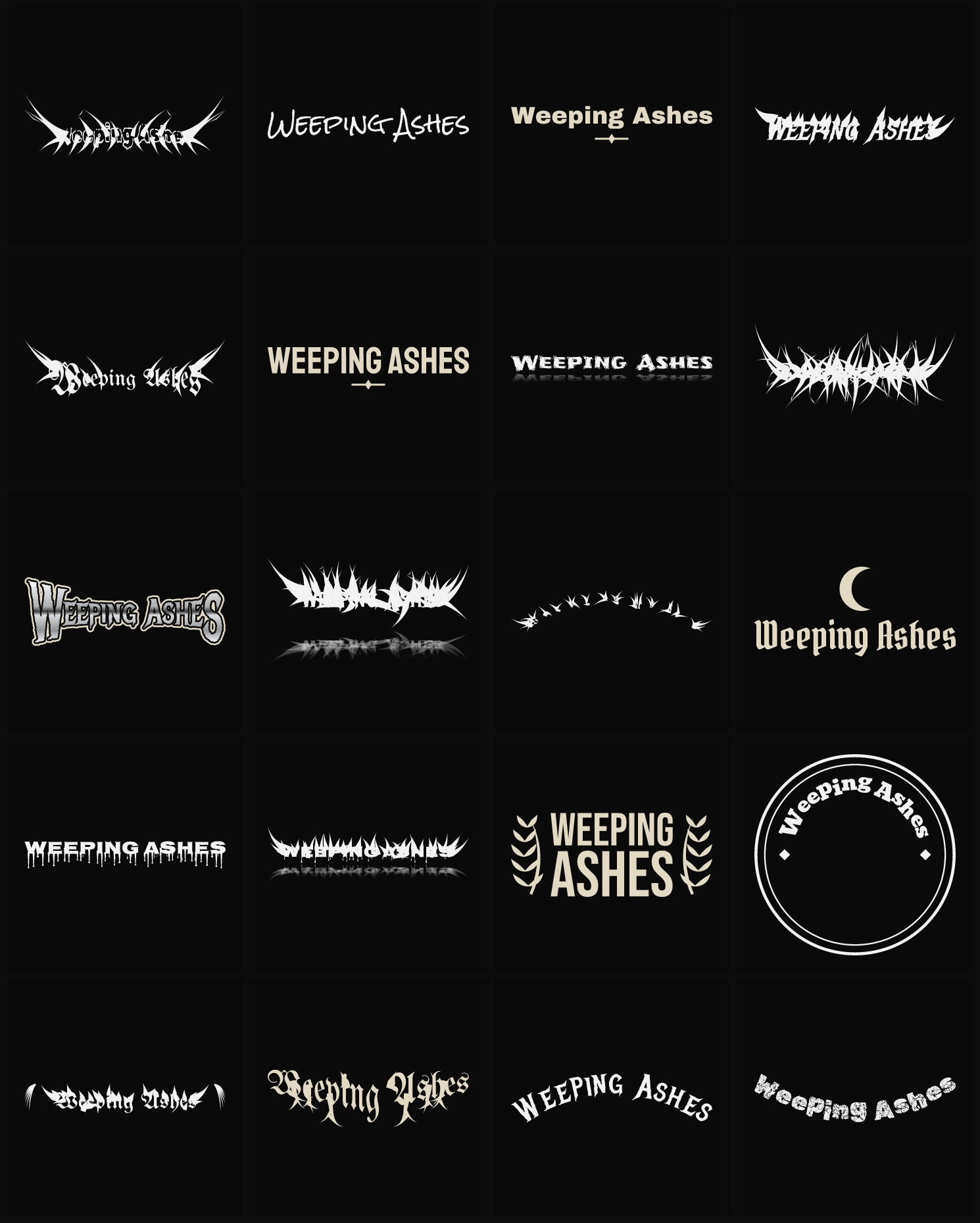 Twenty Weeping Ashes band logo ideas — different faces, treatments and spike settings