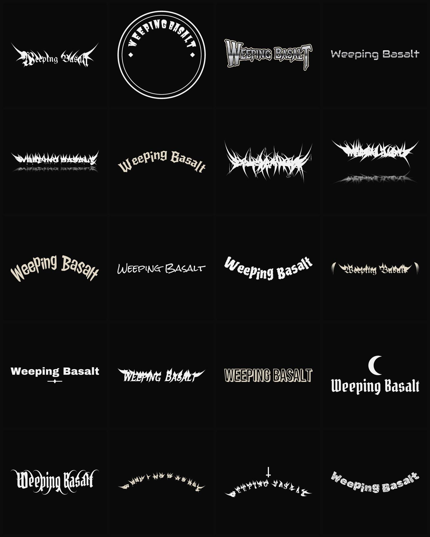 Twenty Weeping Basalt band logo ideas — different faces, treatments and spike settings