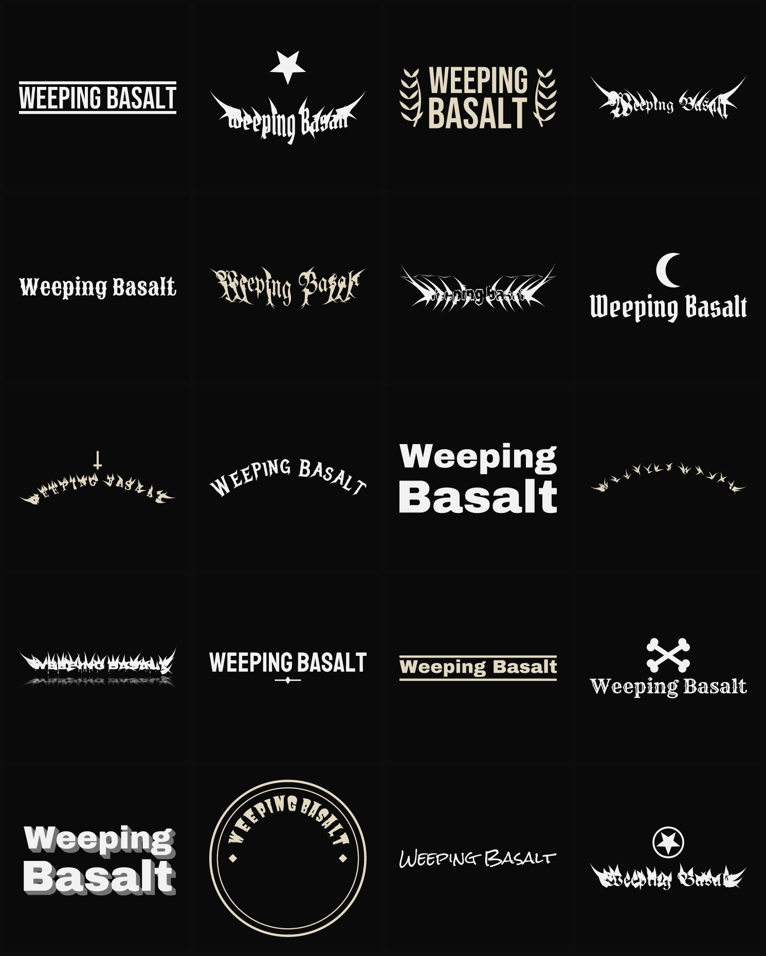 Twenty Weeping Basalt band logo ideas — different faces, treatments and spike settings