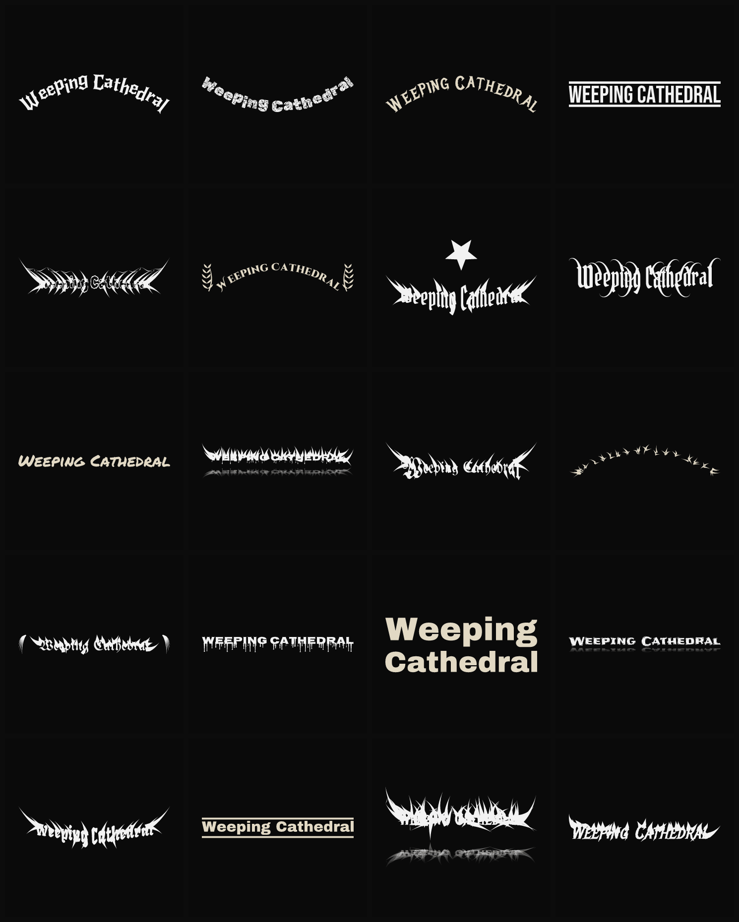 Twenty Weeping Cathedral band logo ideas — different faces, treatments and spike settings