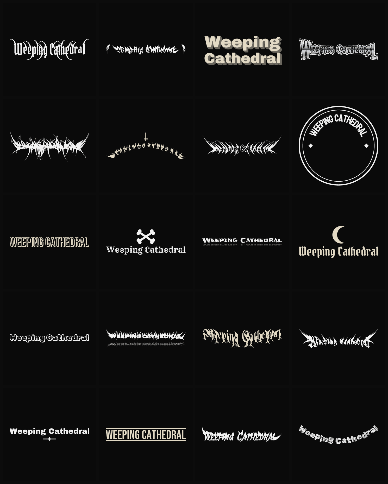Twenty Weeping Cathedral band logo ideas — different faces, treatments and spike settings