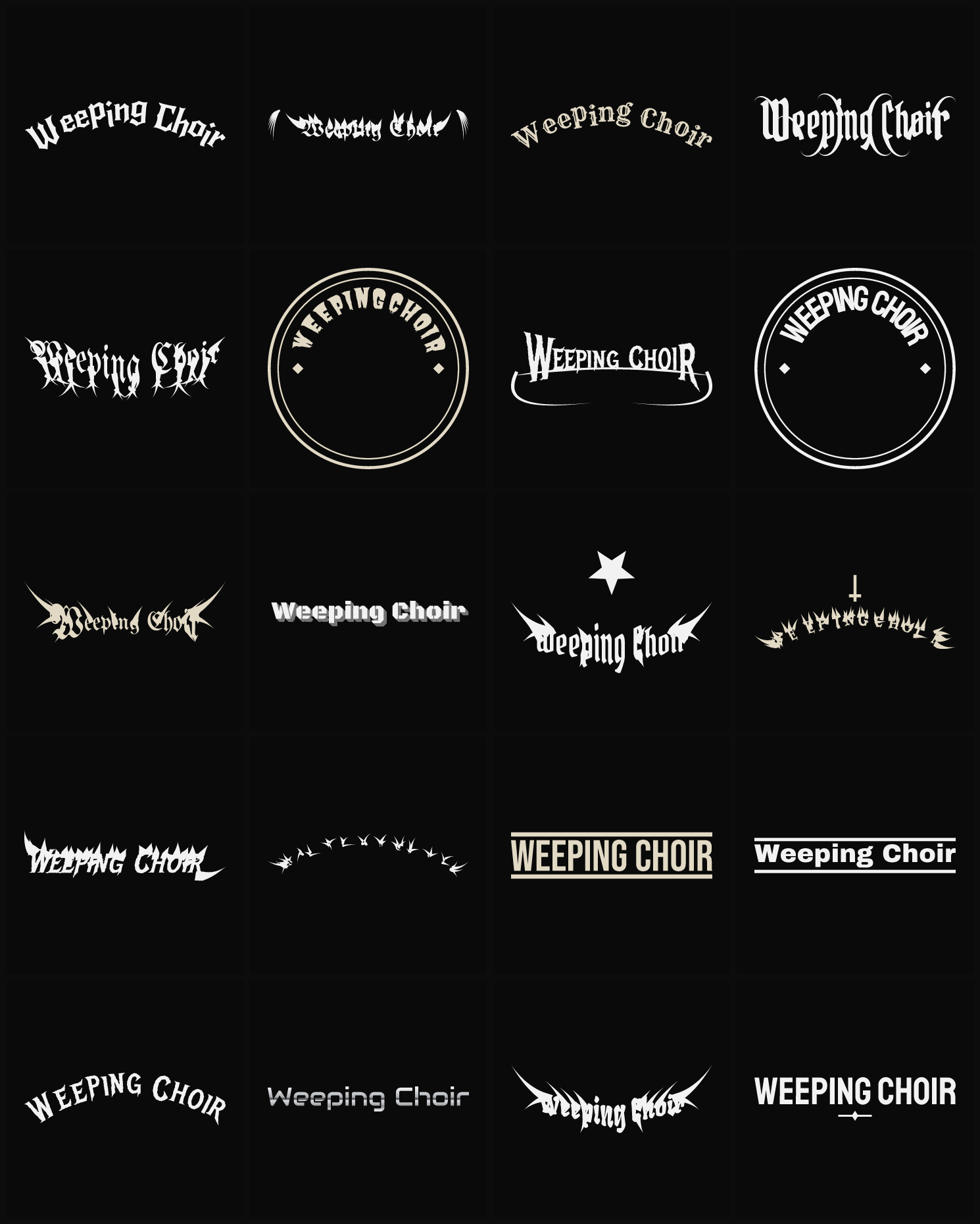 Twenty Weeping Choir band logo ideas — different faces, treatments and spike settings