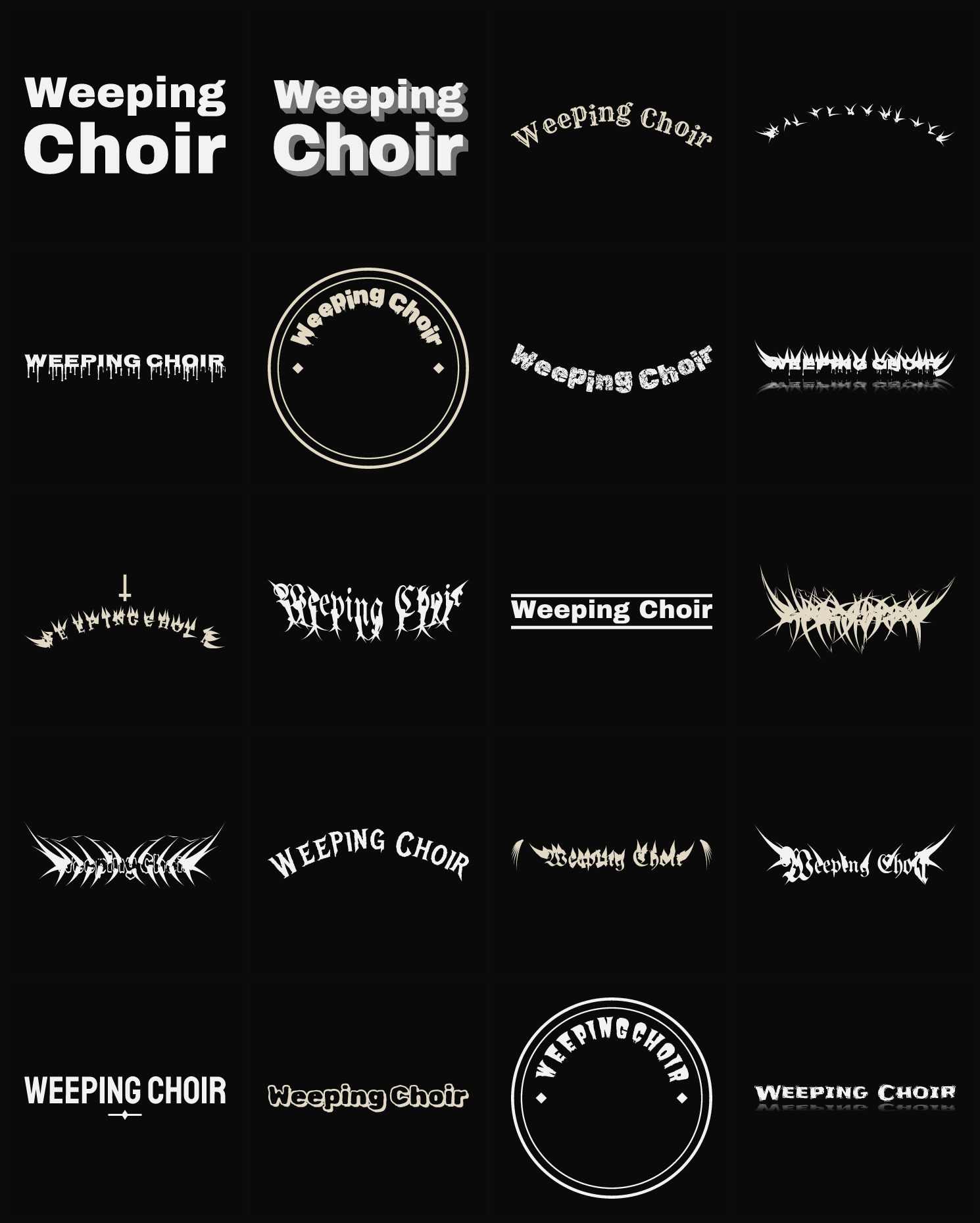 Twenty Weeping Choir band logo ideas — different faces, treatments and spike settings