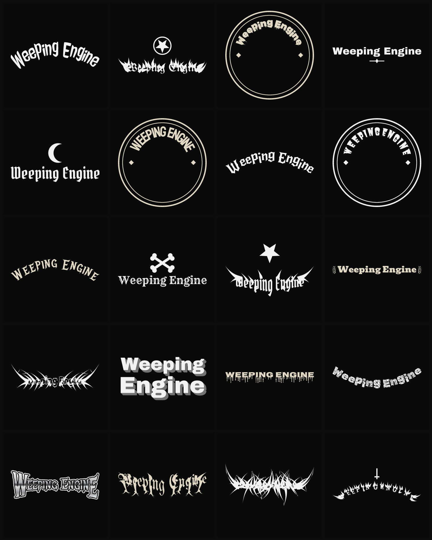 Twenty Weeping Engine band logo ideas — different faces, treatments and spike settings