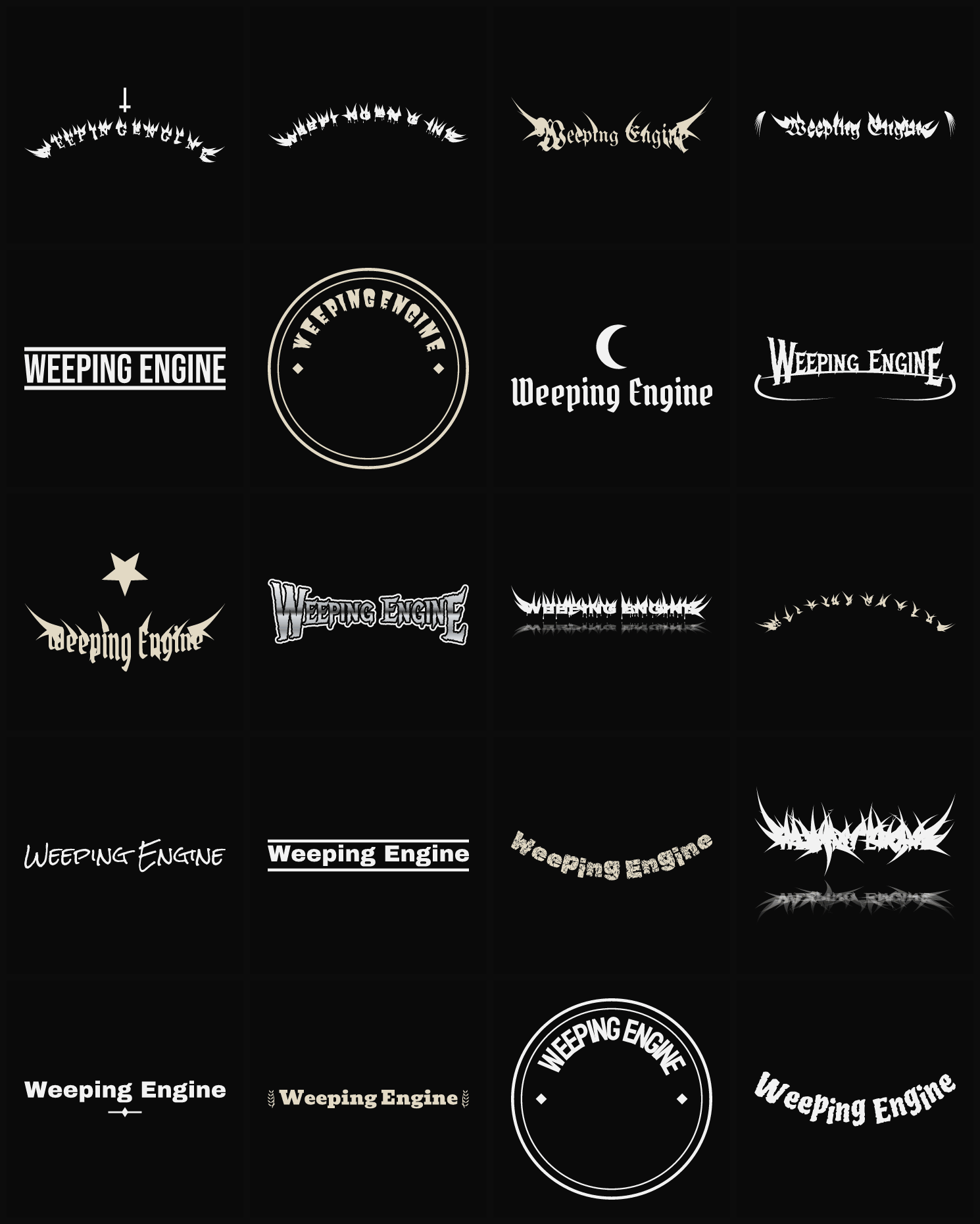 Twenty Weeping Engine band logo ideas — different faces, treatments and spike settings