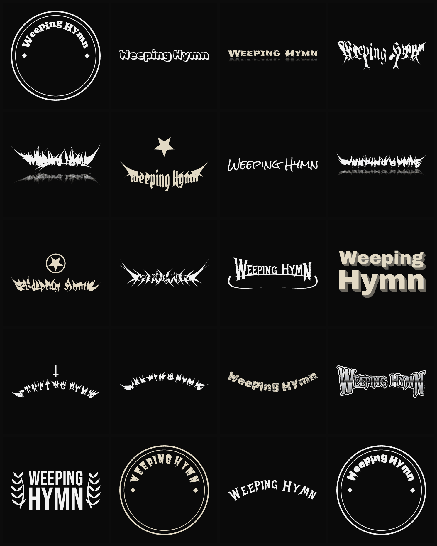 Twenty Weeping Hymn band logo ideas — different faces, treatments and spike settings
