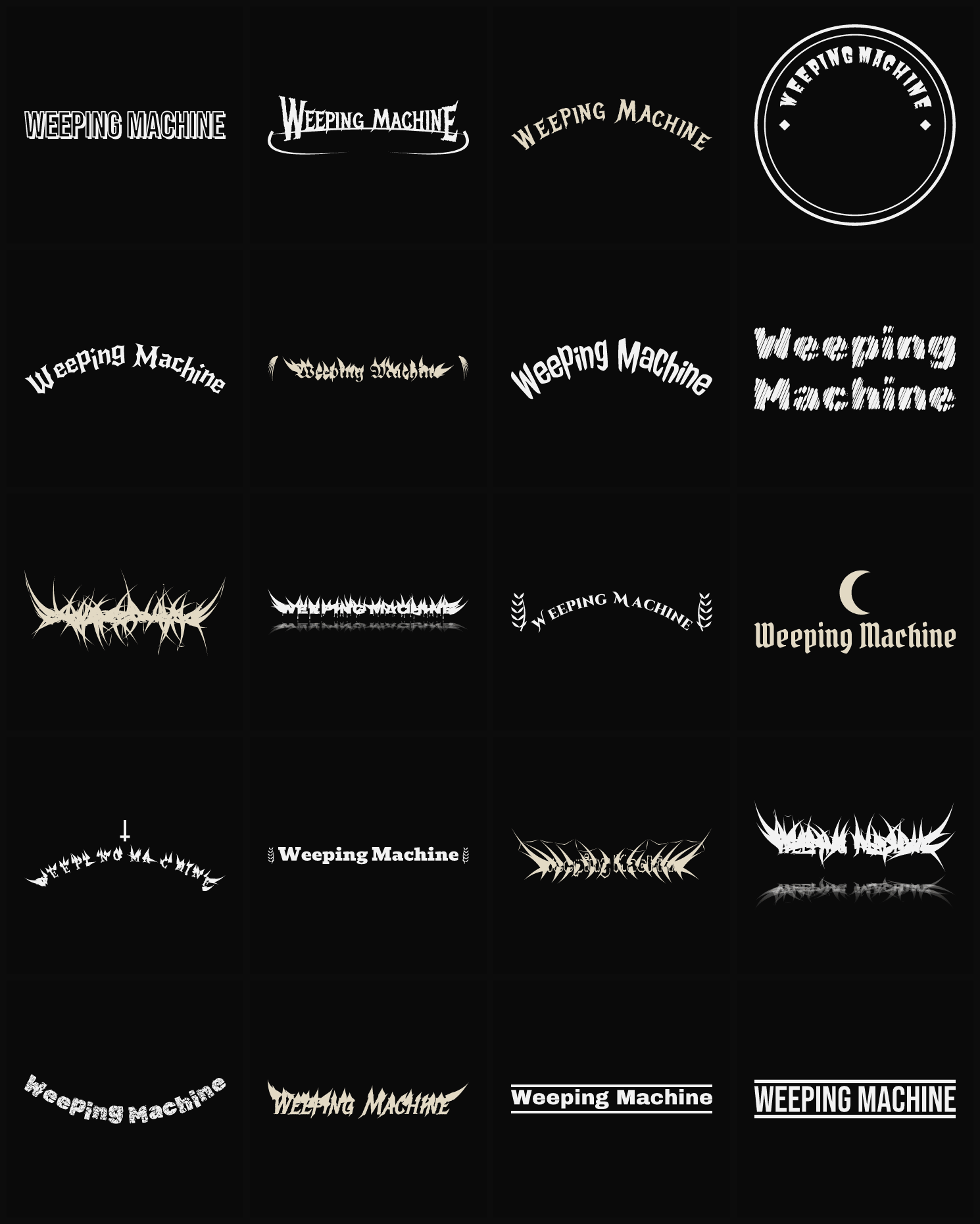 Twenty Weeping Machine band logo ideas — different faces, treatments and spike settings