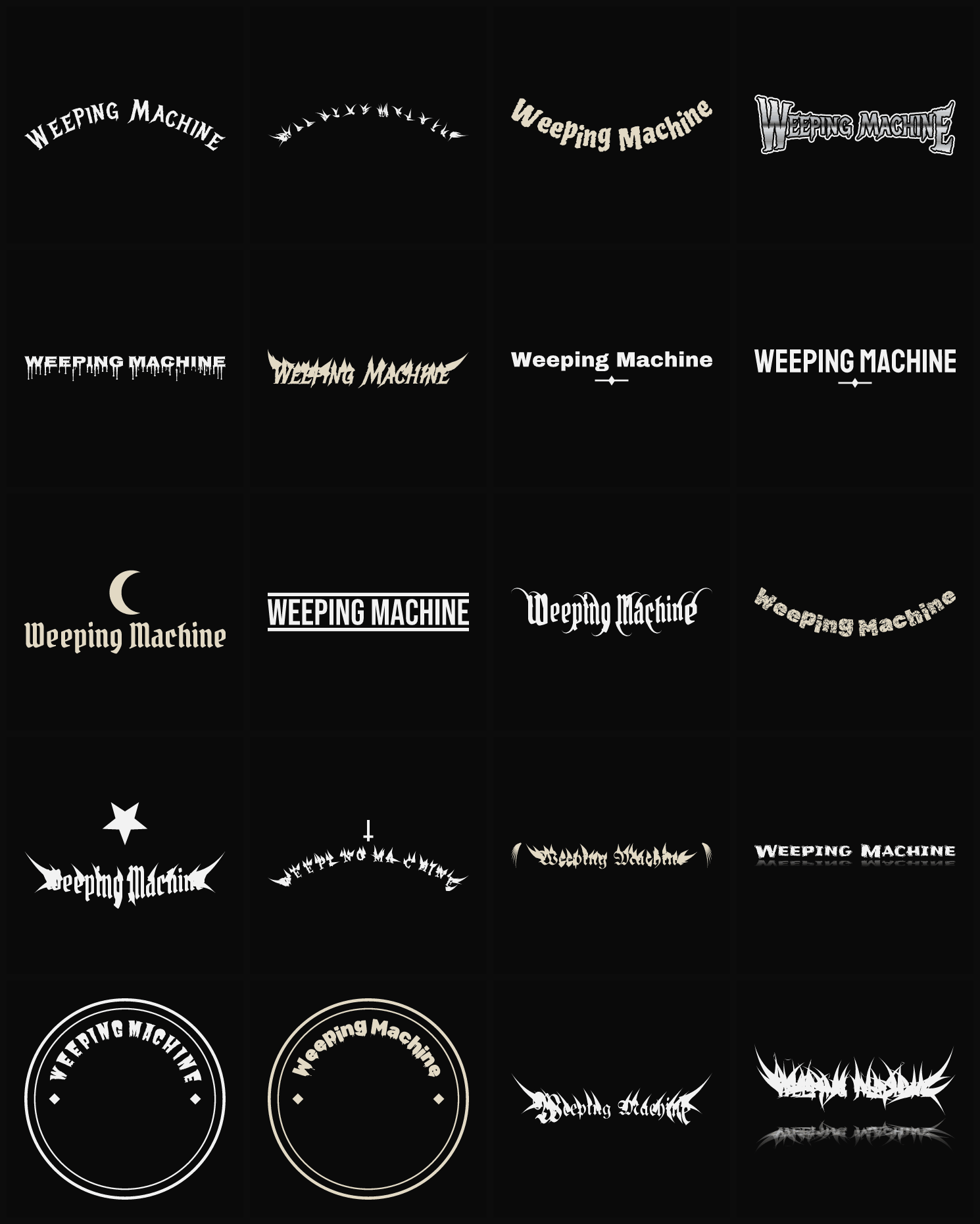 Twenty Weeping Machine band logo ideas — different faces, treatments and spike settings