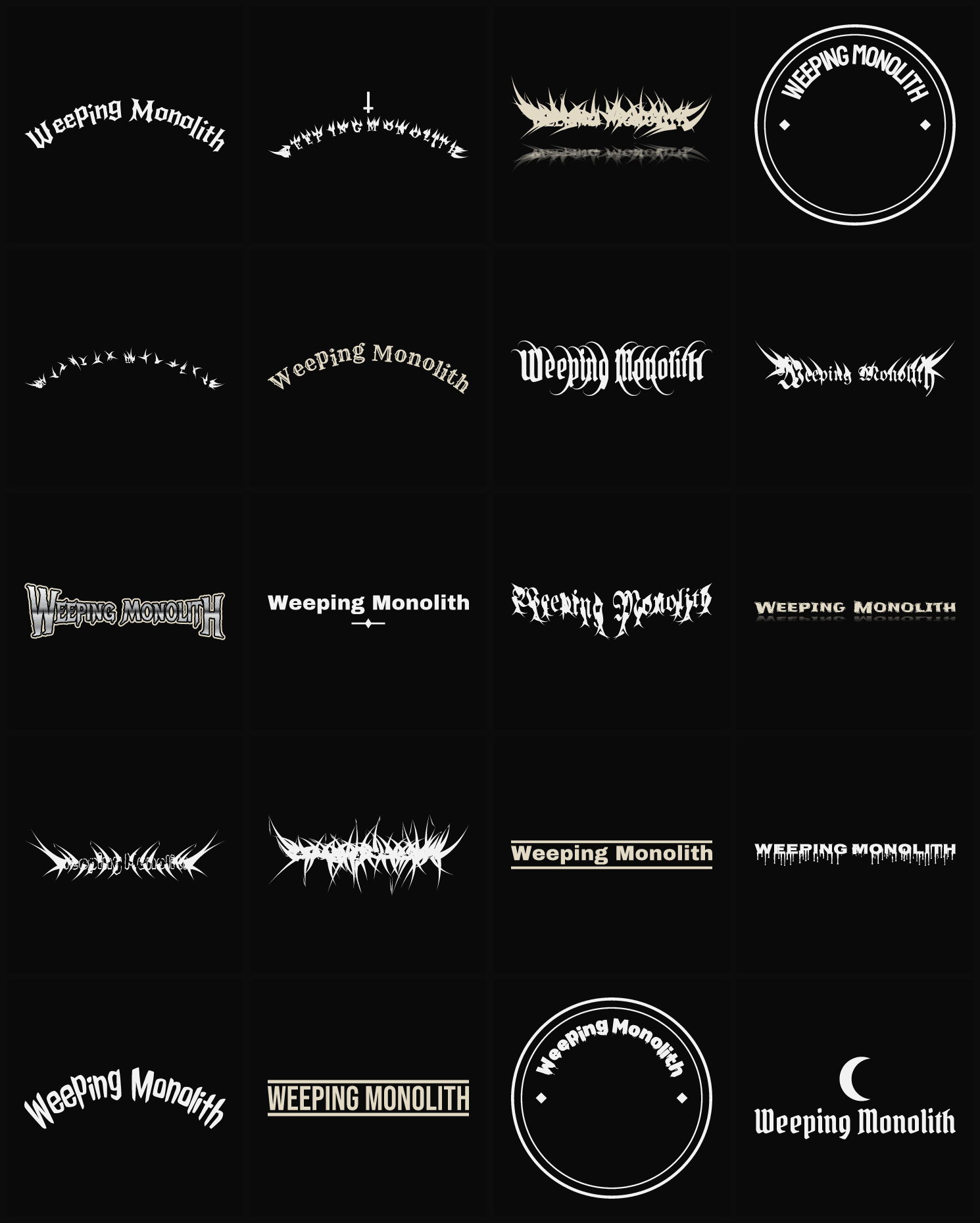 Twenty Weeping Monolith band logo ideas — different faces, treatments and spike settings