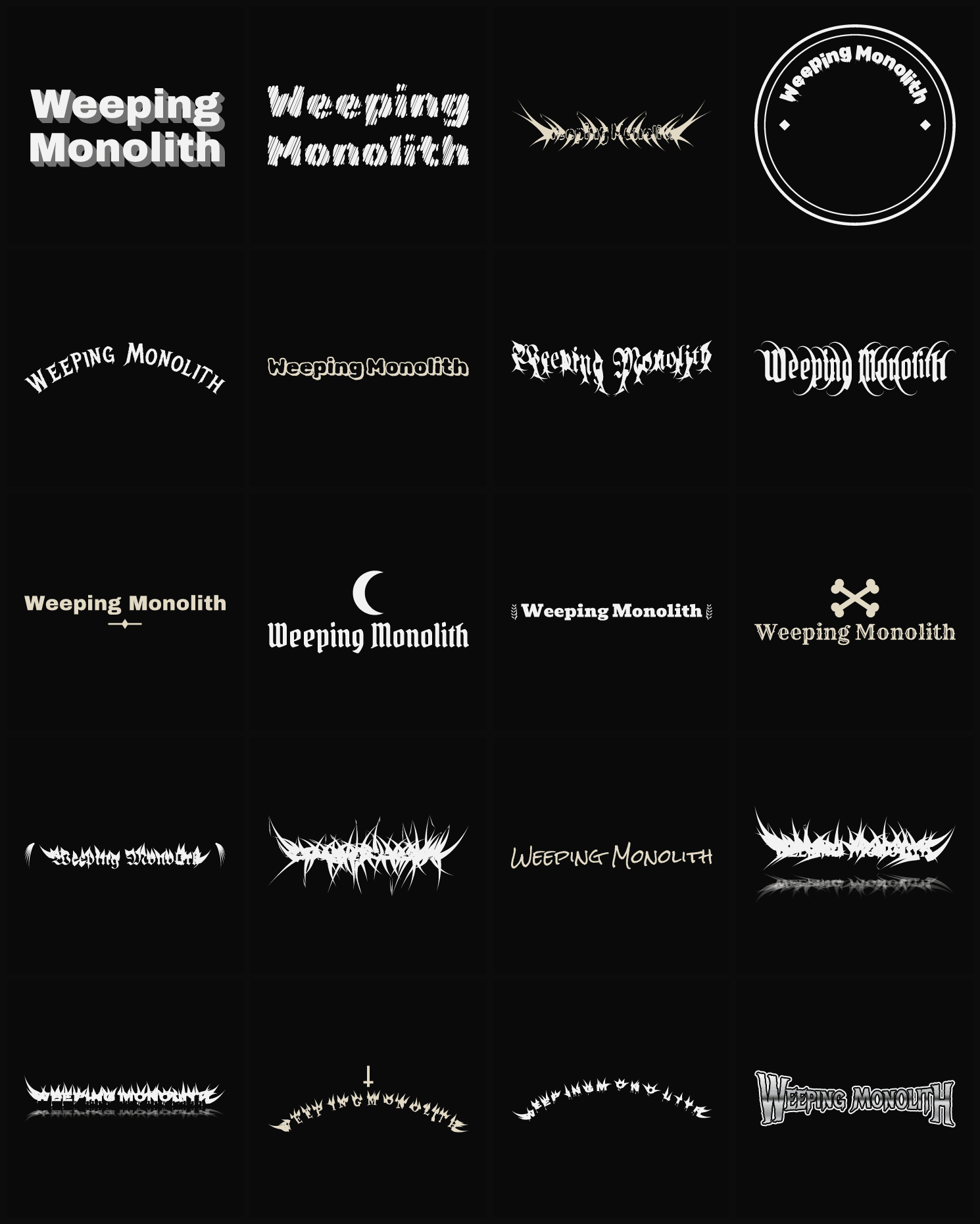 Twenty Weeping Monolith band logo ideas — different faces, treatments and spike settings