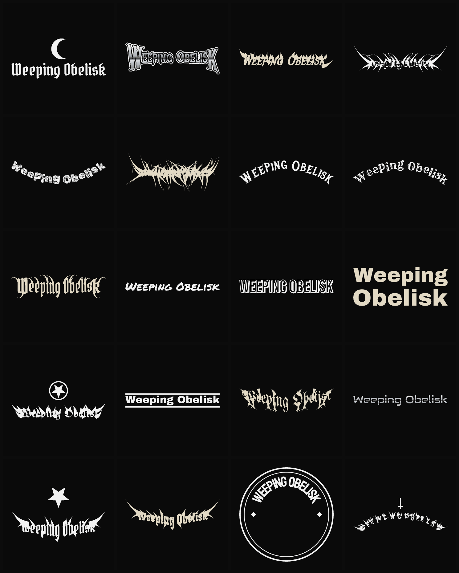 Twenty Weeping Obelisk band logo ideas — different faces, treatments and spike settings