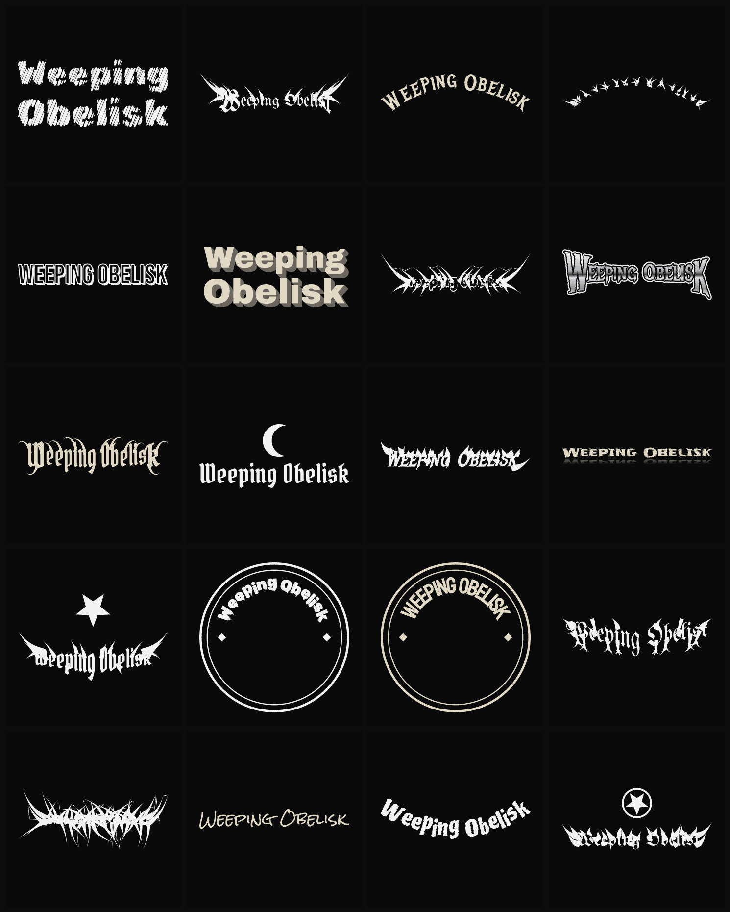 Twenty Weeping Obelisk band logo ideas — different faces, treatments and spike settings