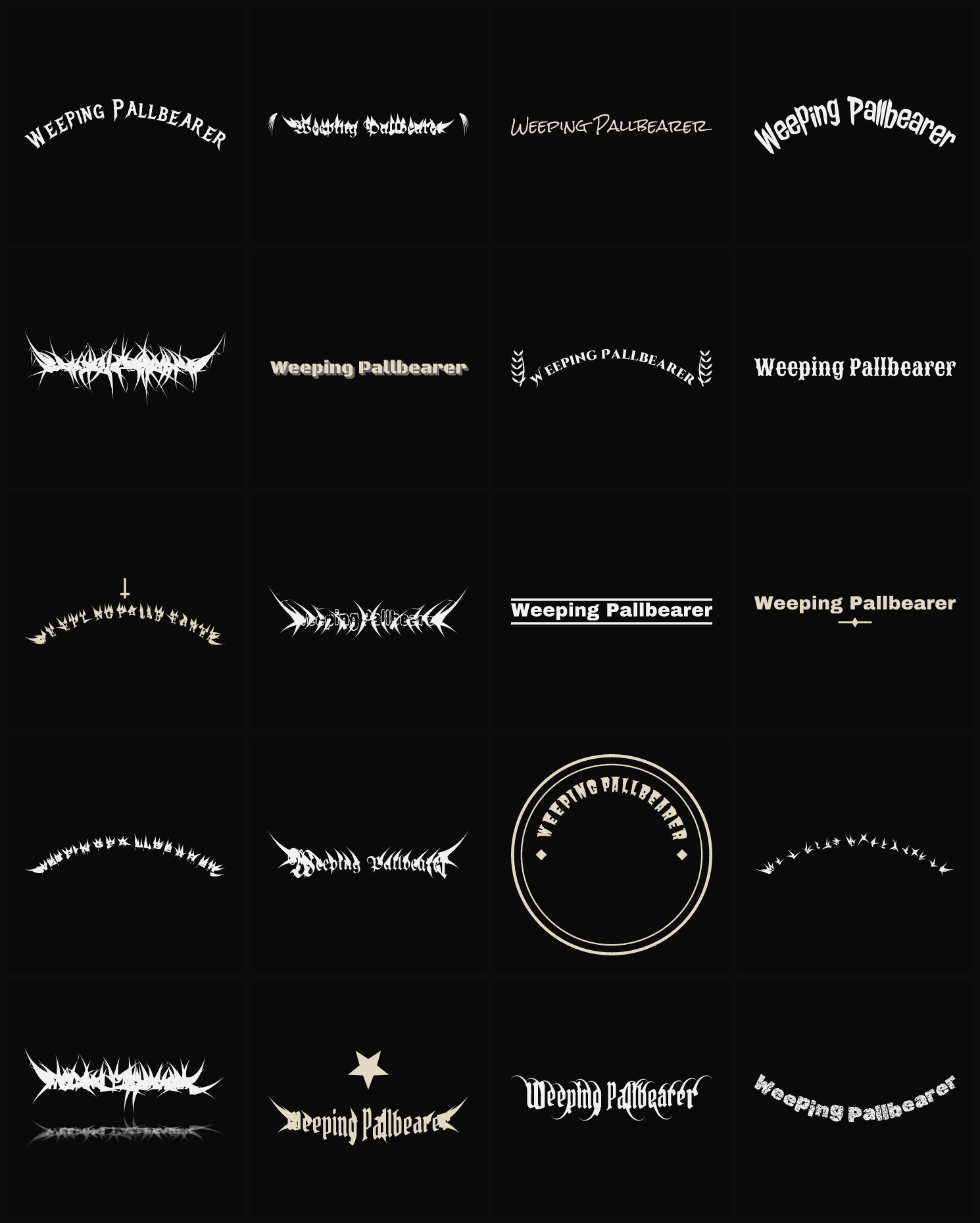 Twenty Weeping Pallbearer band logo ideas — different faces, treatments and spike settings