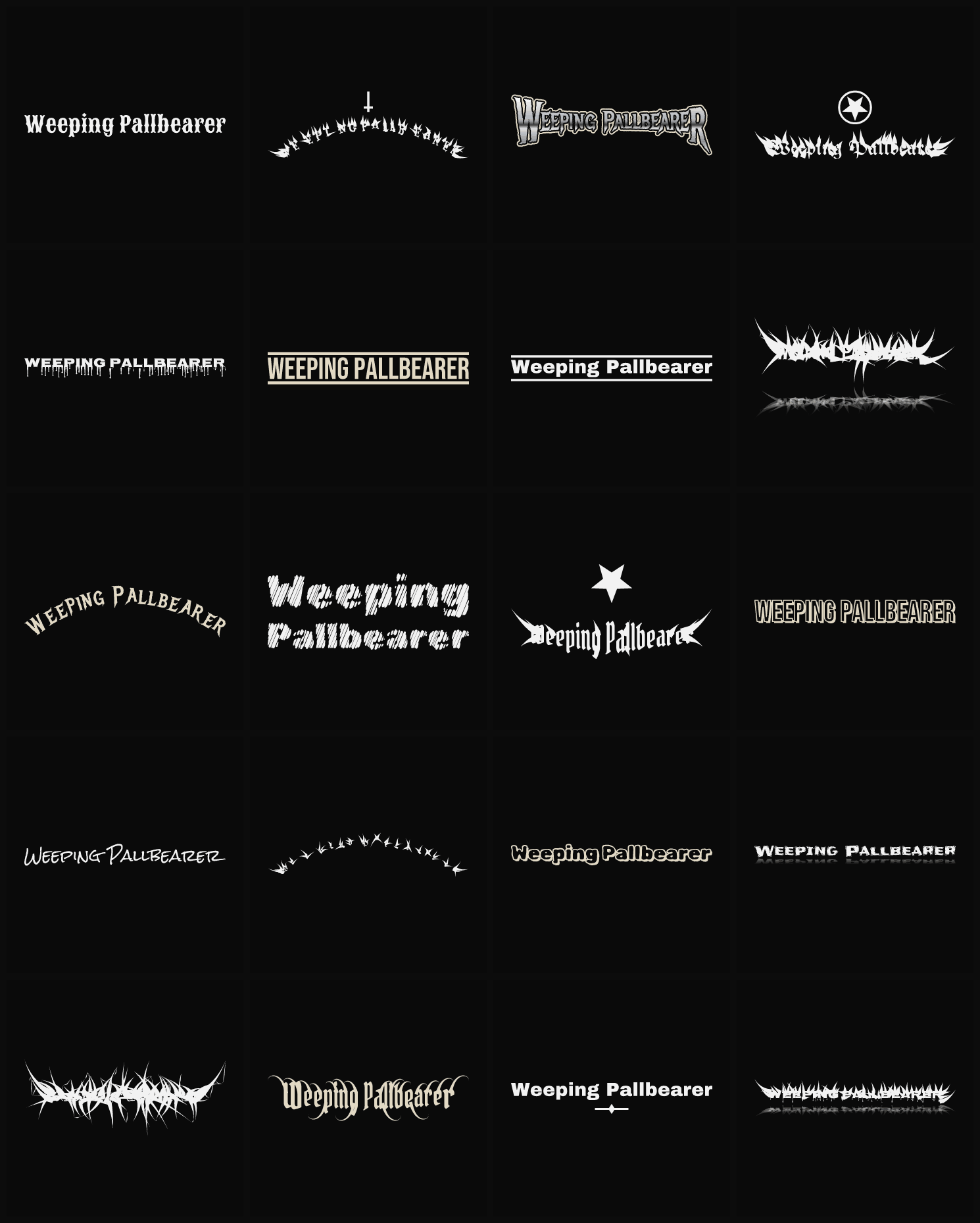 Twenty Weeping Pallbearer band logo ideas — different faces, treatments and spike settings