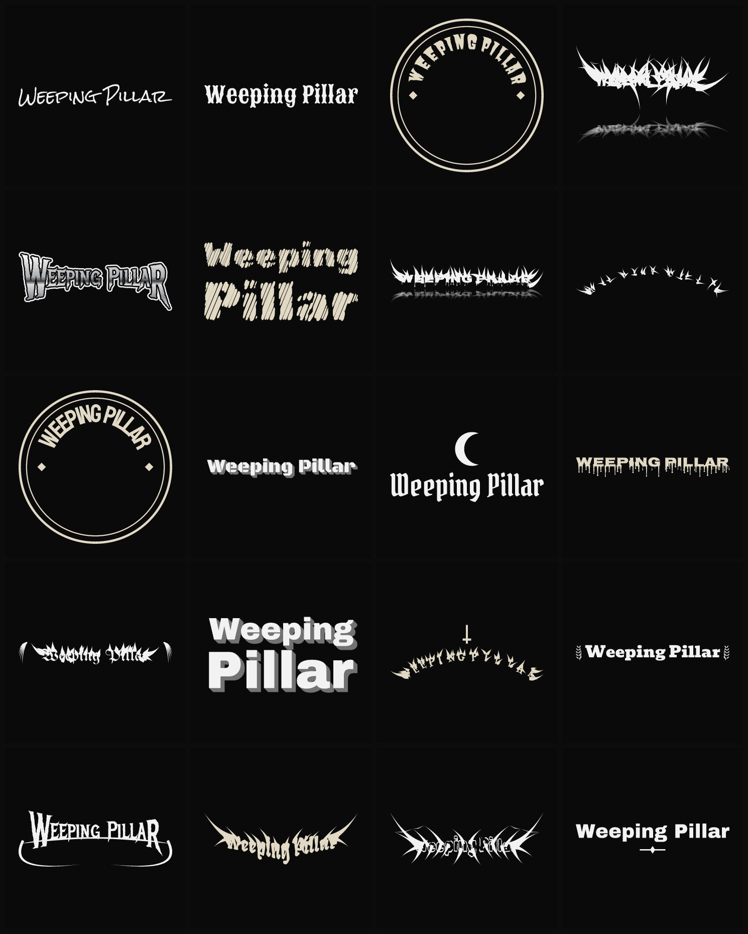 Twenty Weeping Pillar band logo ideas — different faces, treatments and spike settings