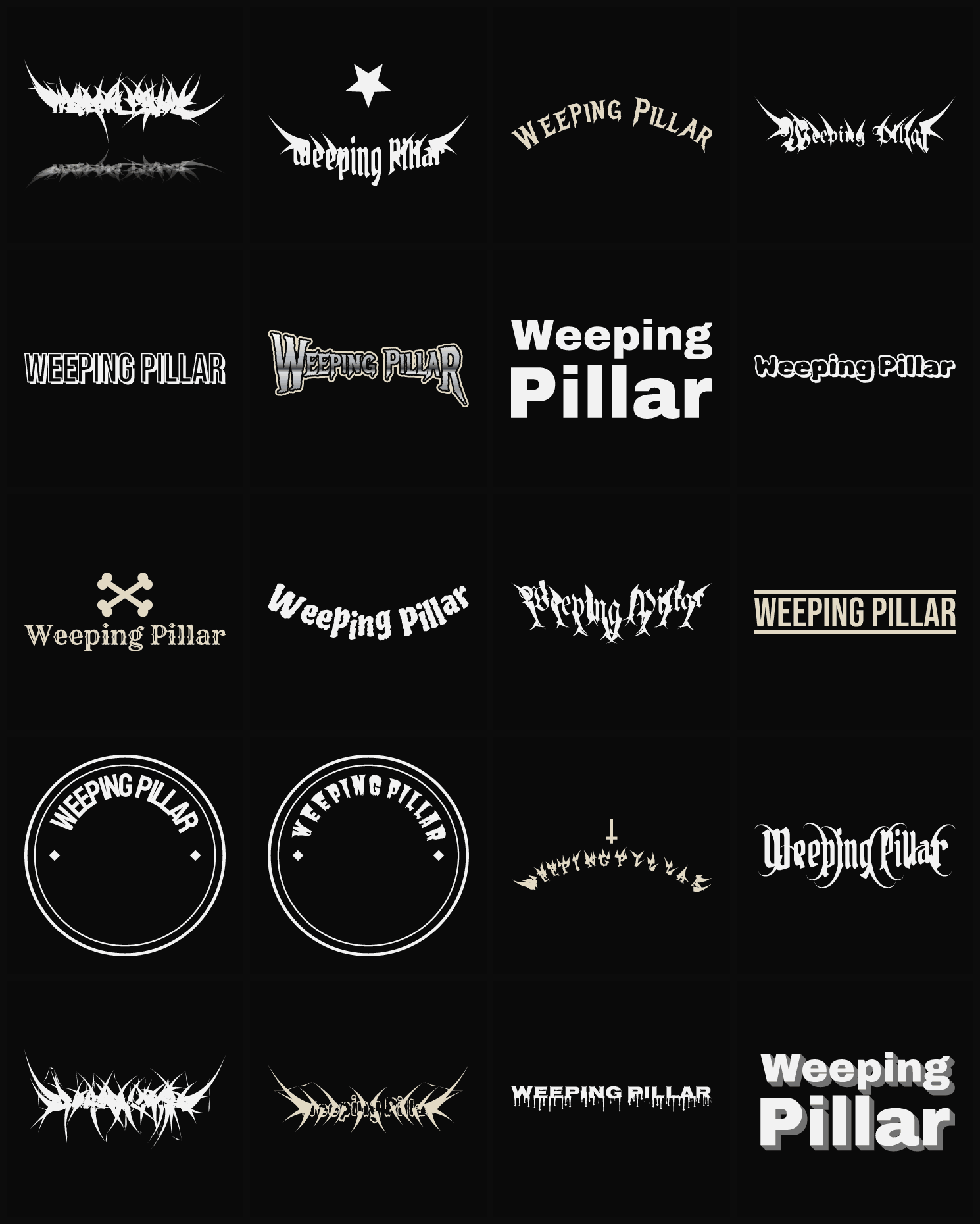 Twenty Weeping Pillar band logo ideas — different faces, treatments and spike settings