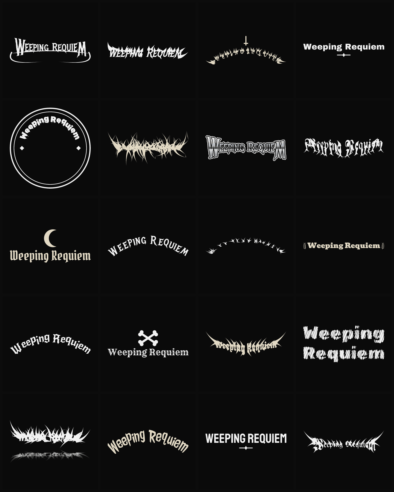 Twenty Weeping Requiem band logo ideas — different faces, treatments and spike settings