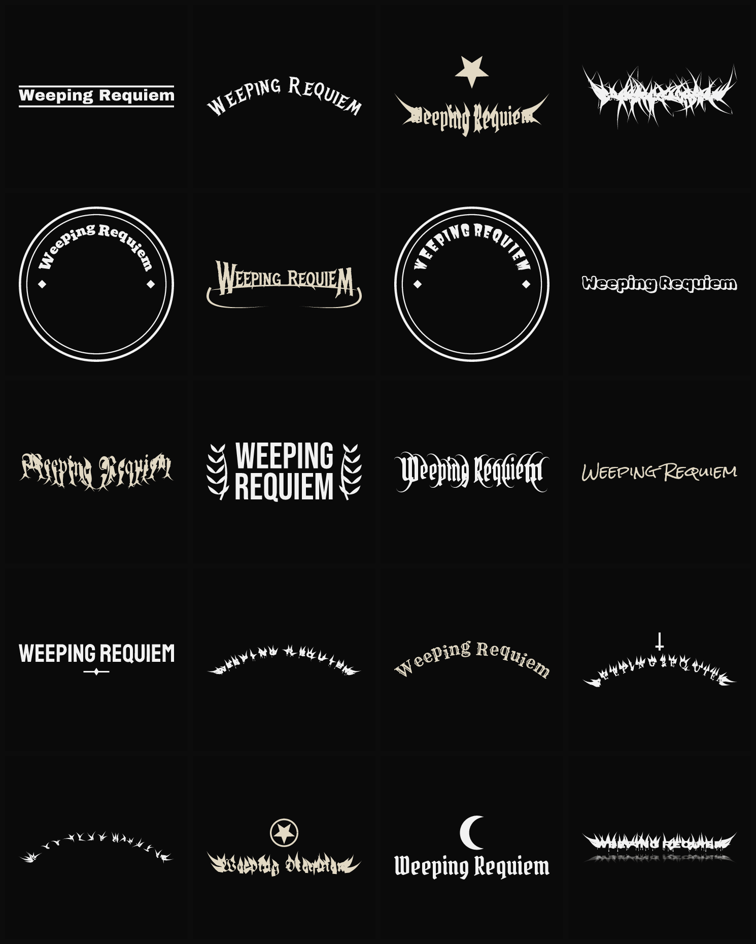 Twenty Weeping Requiem band logo ideas — different faces, treatments and spike settings