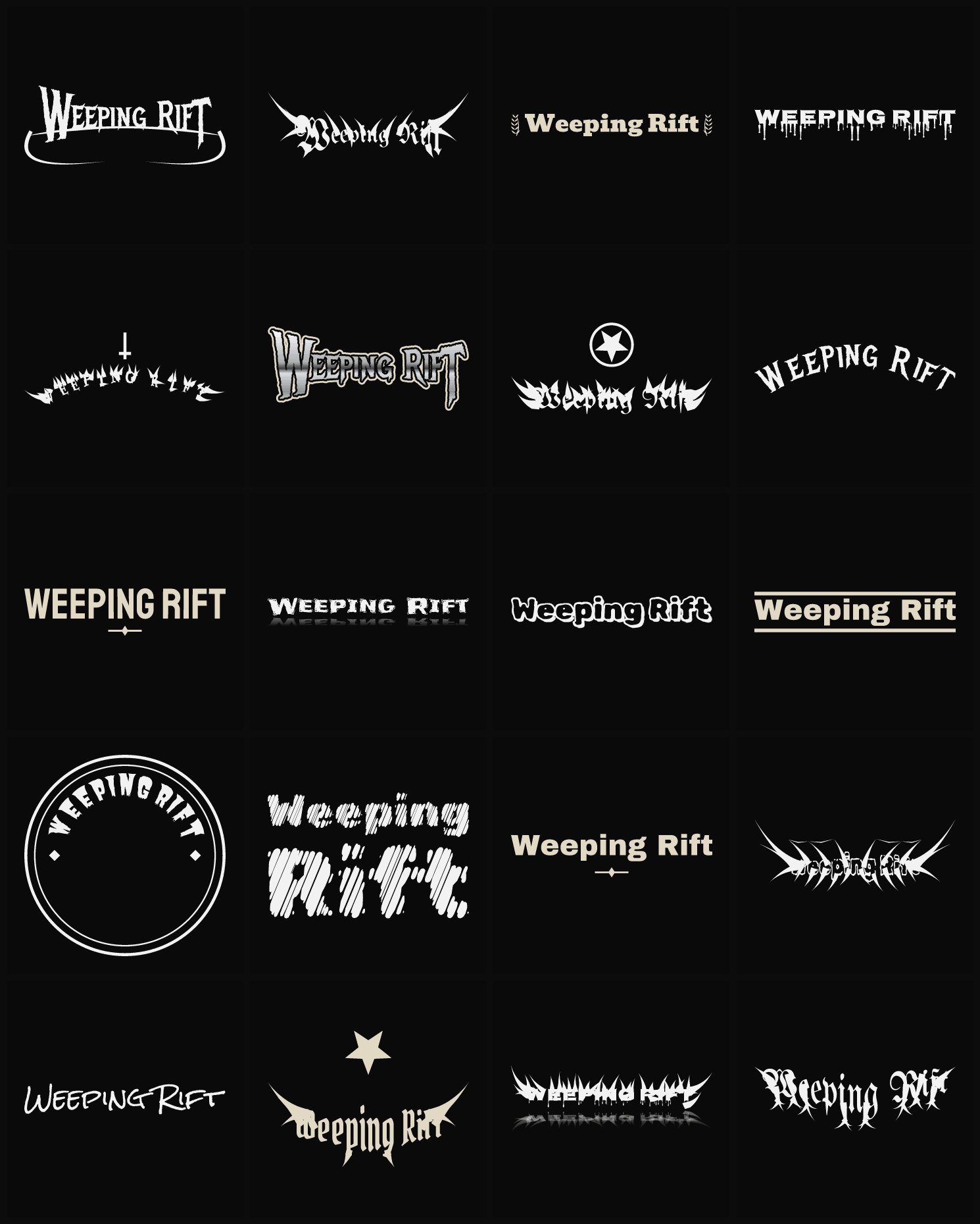 Twenty Weeping Rift band logo ideas — different faces, treatments and spike settings
