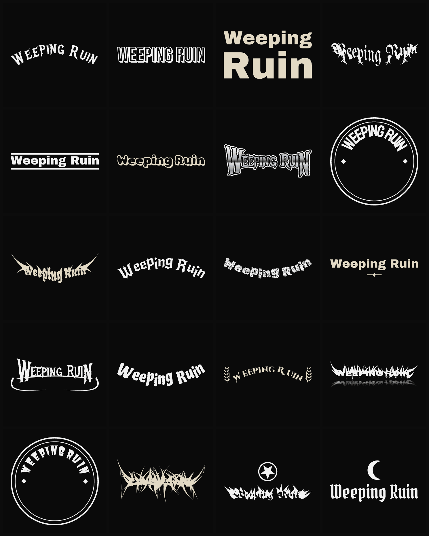Twenty Weeping Ruin band logo ideas — different faces, treatments and spike settings