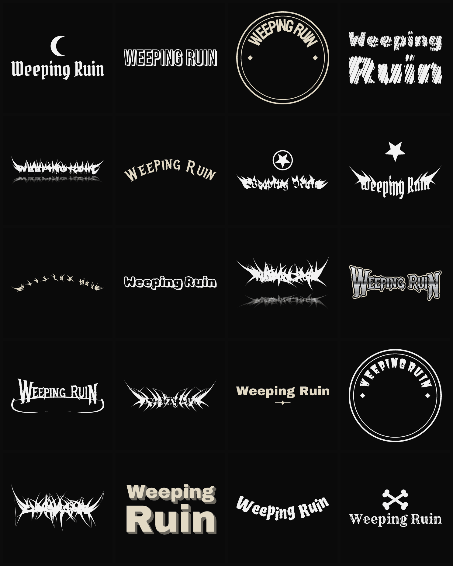 Twenty Weeping Ruin band logo ideas — different faces, treatments and spike settings