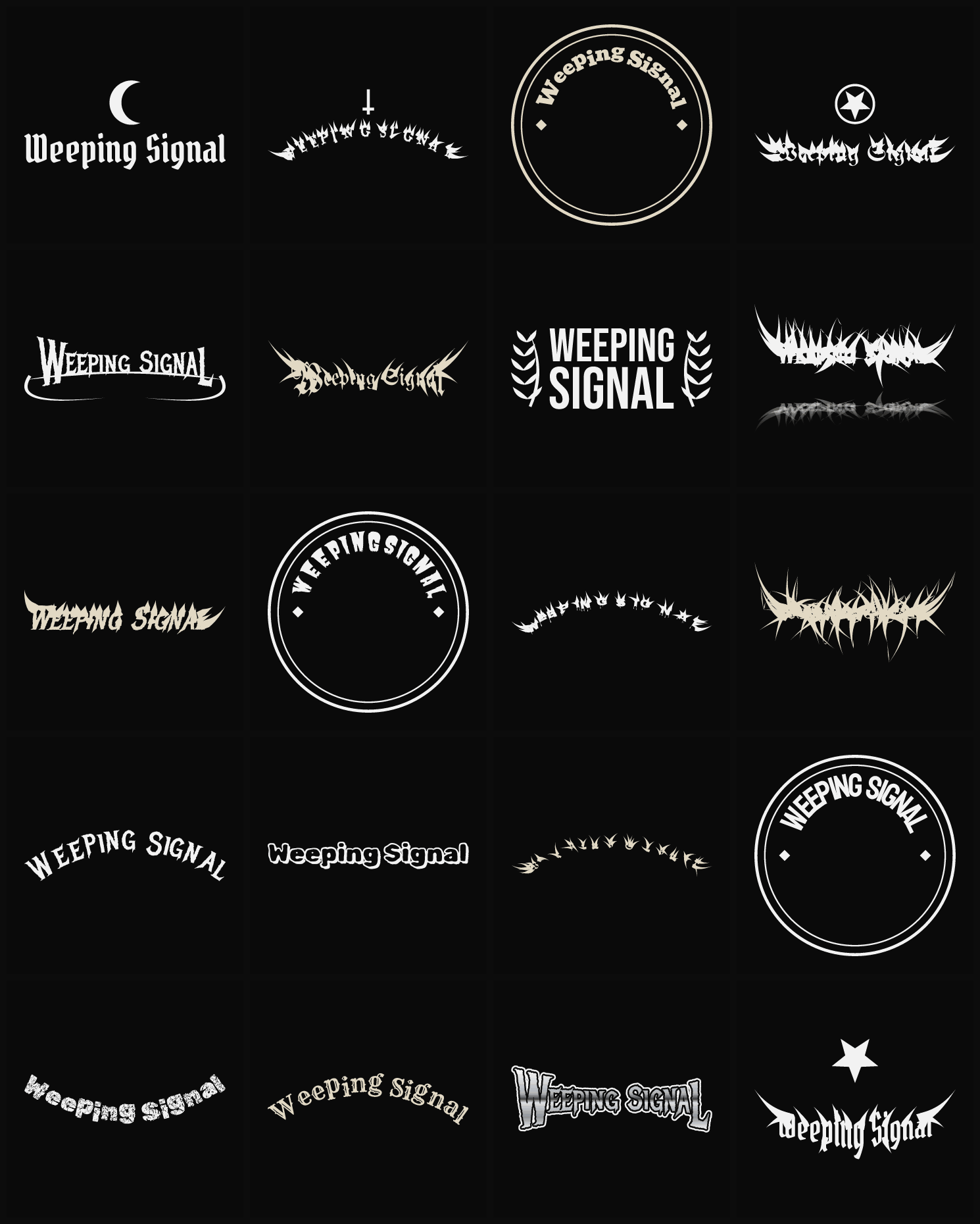 Twenty Weeping Signal band logo ideas — different faces, treatments and spike settings