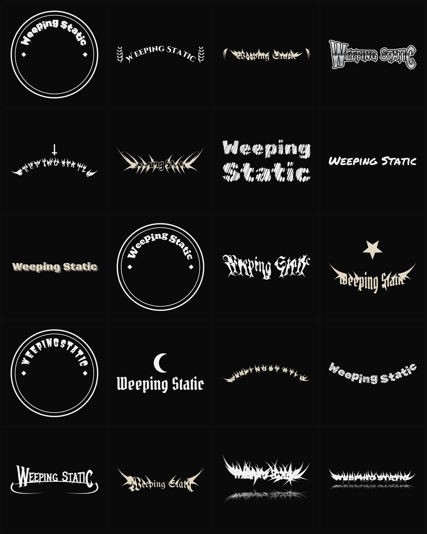 Twenty Weeping Static band logo ideas — different faces, treatments and spike settings