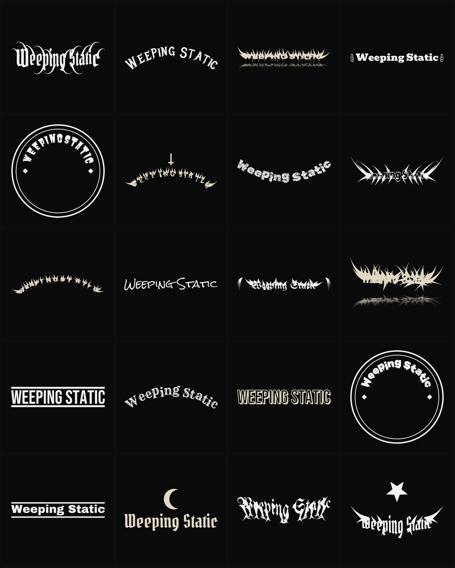 Twenty Weeping Static band logo ideas — different faces, treatments and spike settings