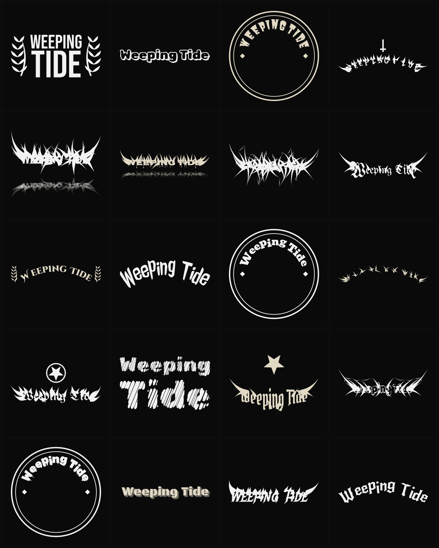Twenty Weeping Tide band logo ideas — different faces, treatments and spike settings
