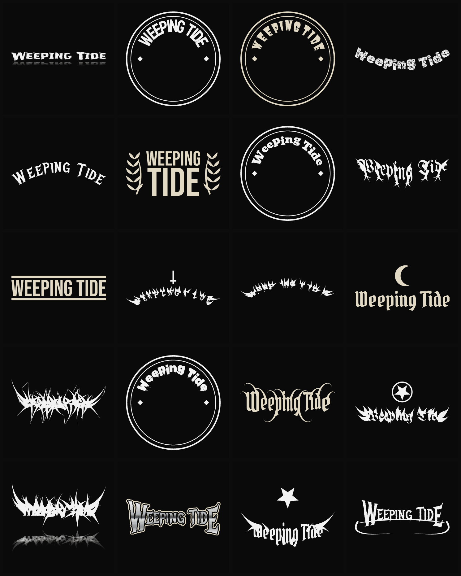 Twenty Weeping Tide band logo ideas — different faces, treatments and spike settings