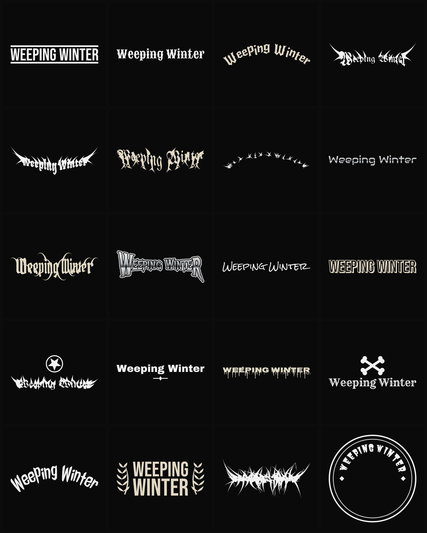 Twenty Weeping Winter band logo ideas — different faces, treatments and spike settings
