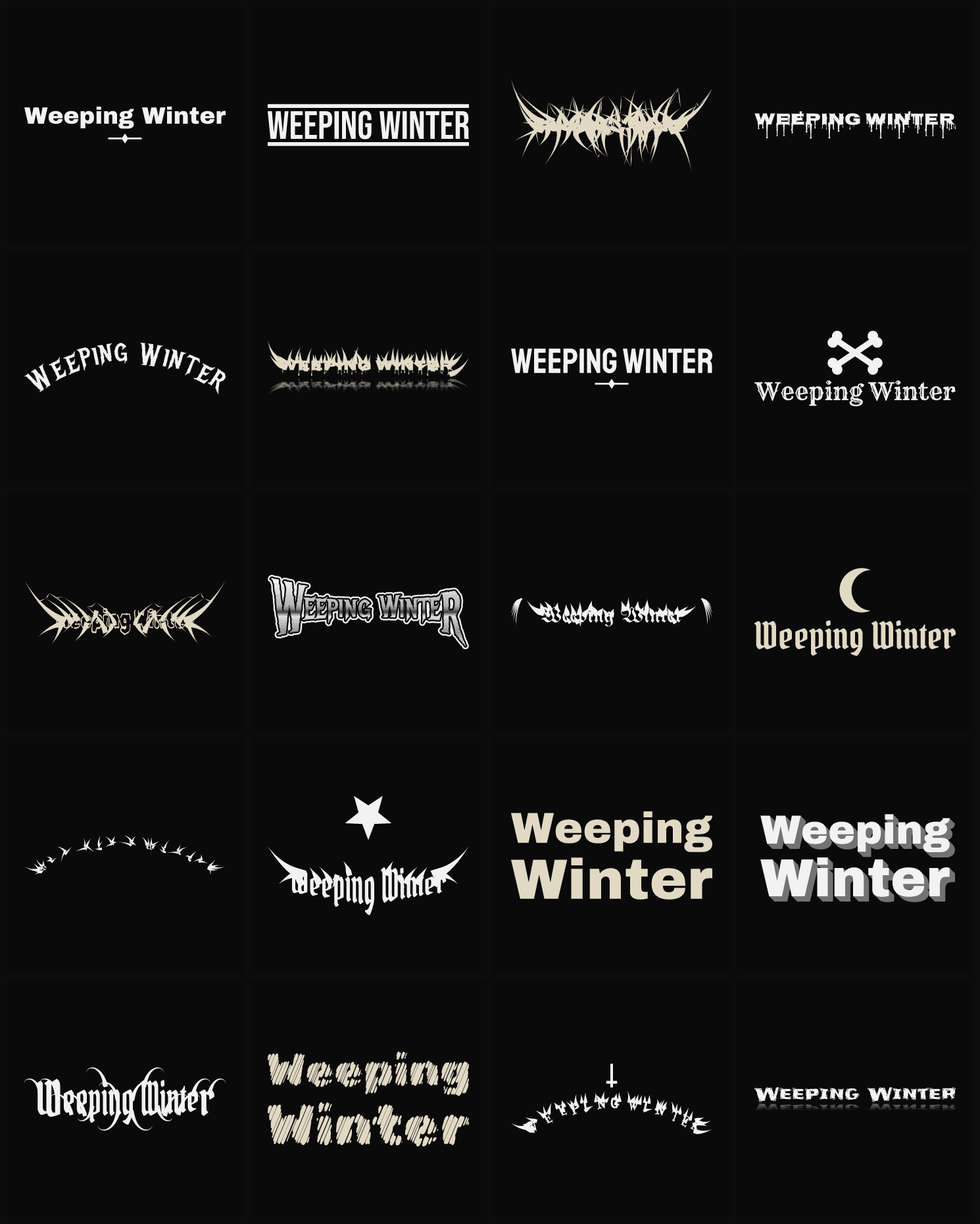 Twenty Weeping Winter band logo ideas — different faces, treatments and spike settings
