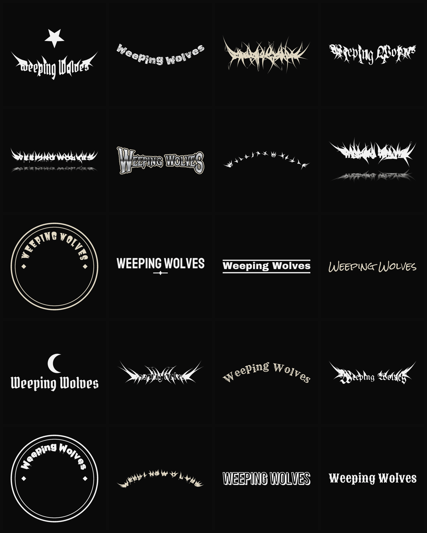 Twenty Weeping Wolves band logo ideas — different faces, treatments and spike settings