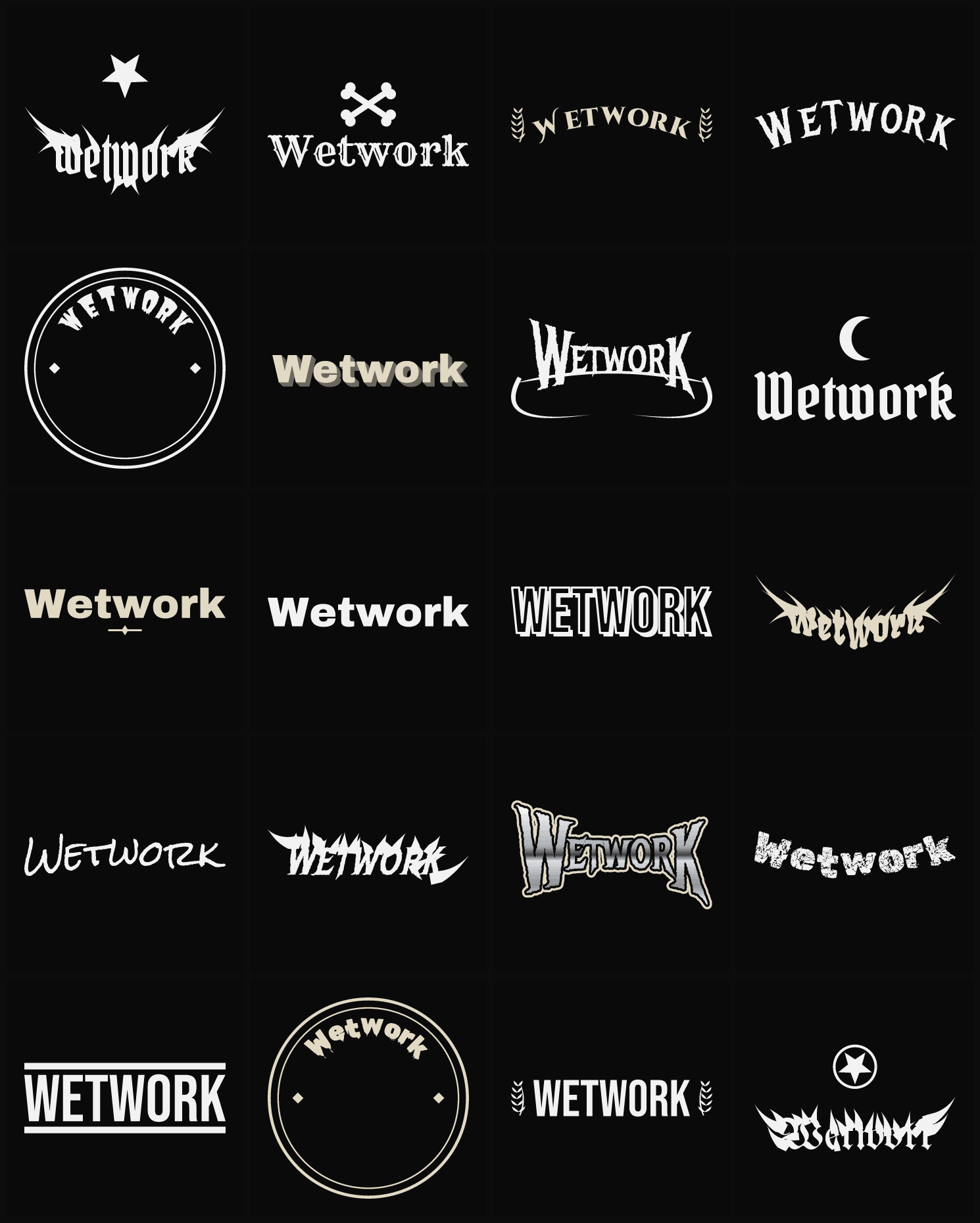 Twenty Wetwork band logo ideas — different faces, treatments and spike settings
