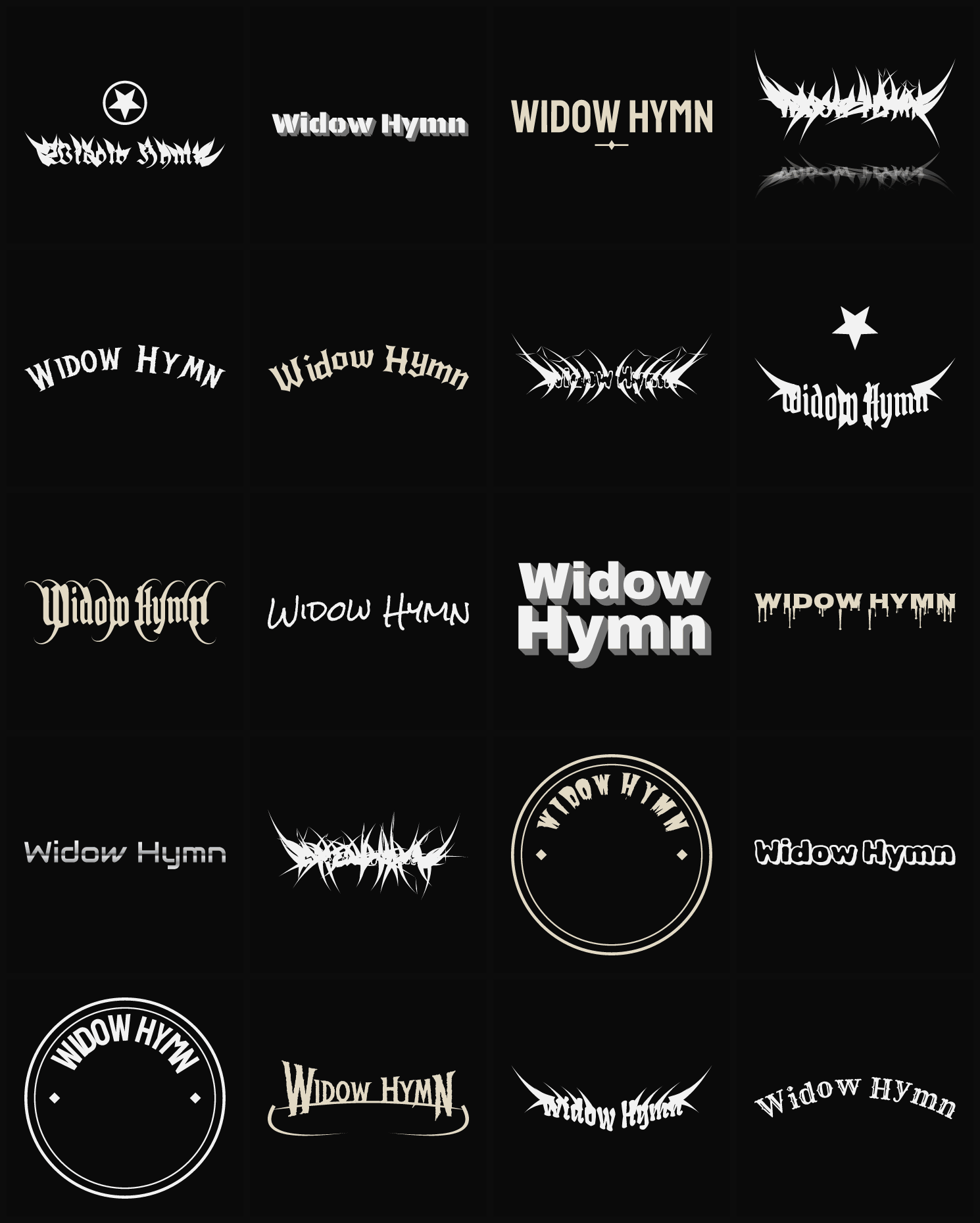 Twenty Widow Hymn band logo ideas — different faces, treatments and spike settings