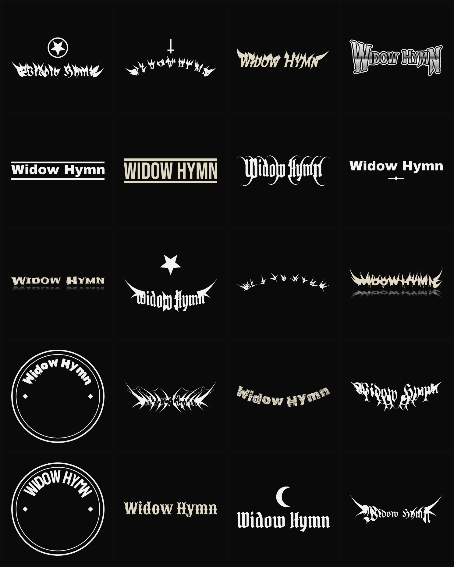 Twenty Widow Hymn band logo ideas — different faces, treatments and spike settings