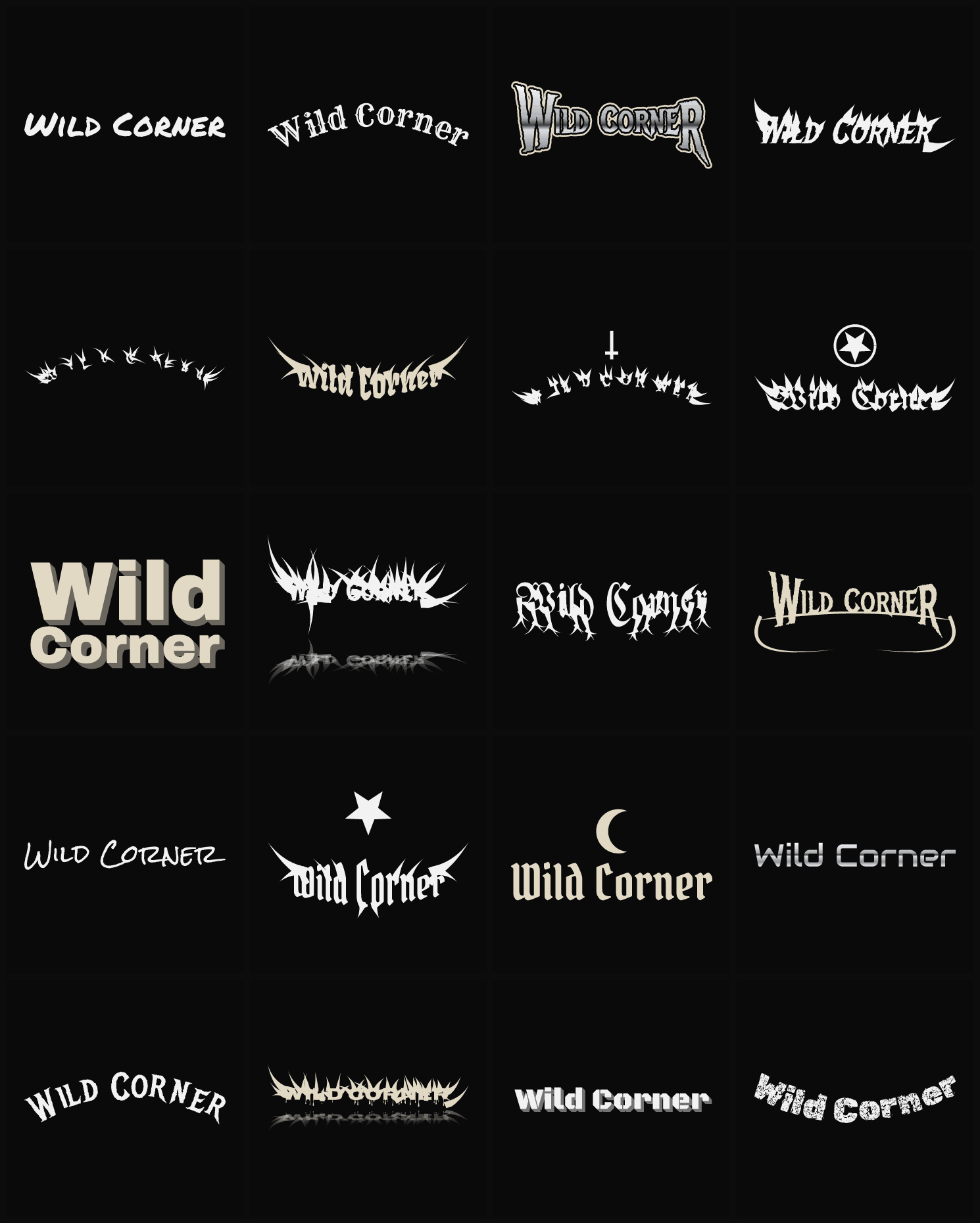 Twenty Wild Corner band logo ideas — different faces, treatments and spike settings