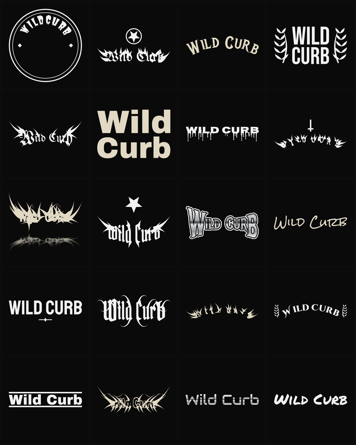 Twenty Wild Curb band logo ideas — different faces, treatments and spike settings