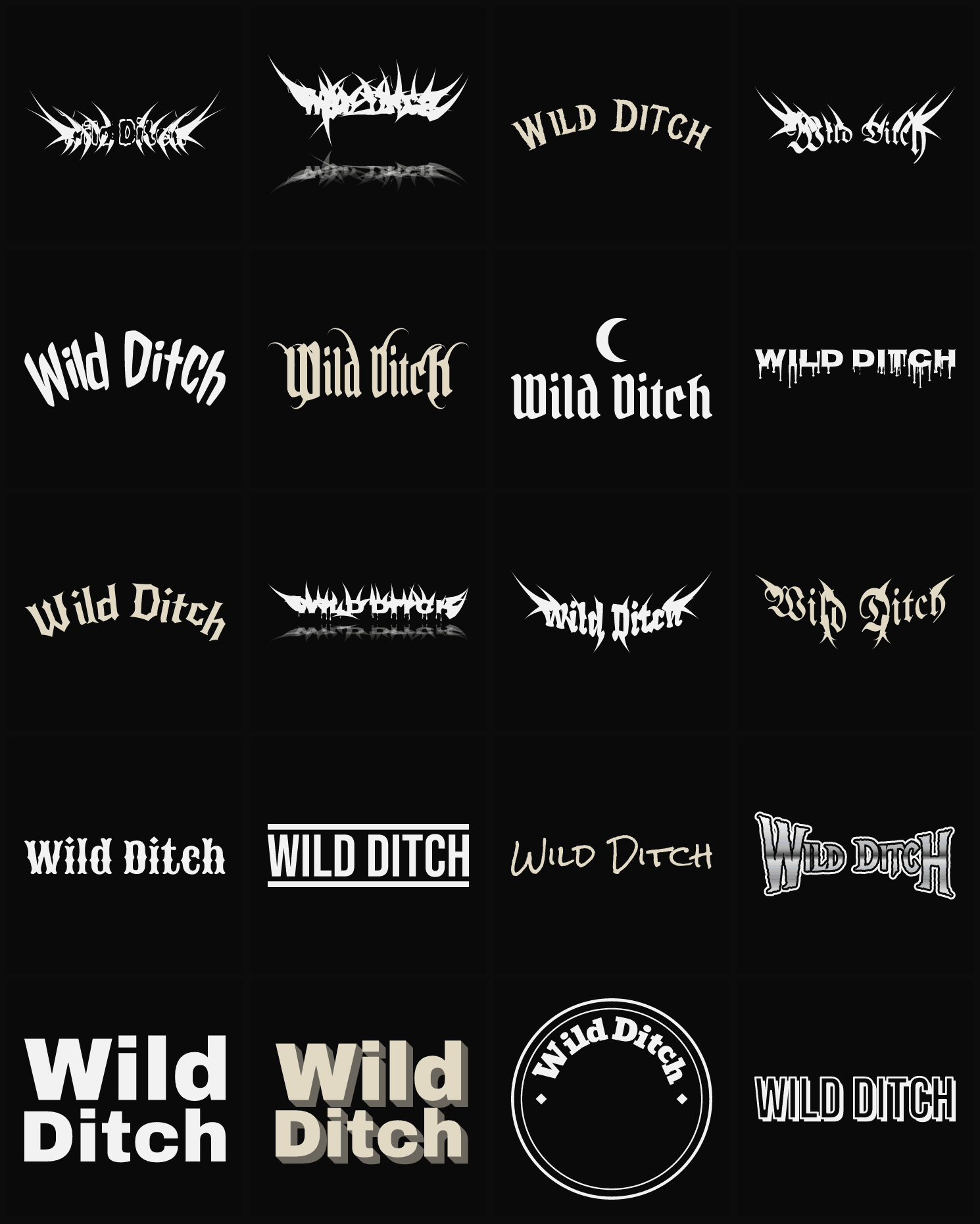 Twenty Wild Ditch band logo ideas — different faces, treatments and spike settings